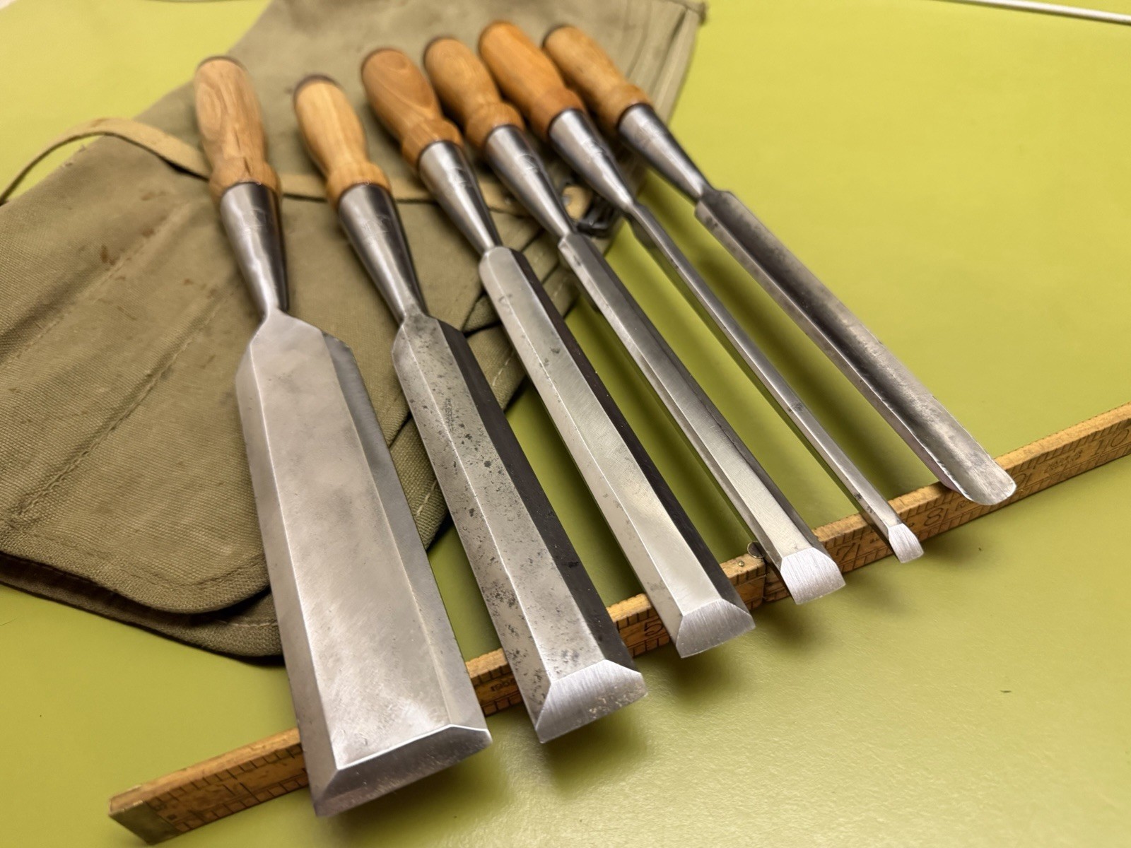 SUPERB 6-pc Set PEXTO vtg Socket Chisels w/MATCHING Handles & CANVAS TOOL ROLLUP