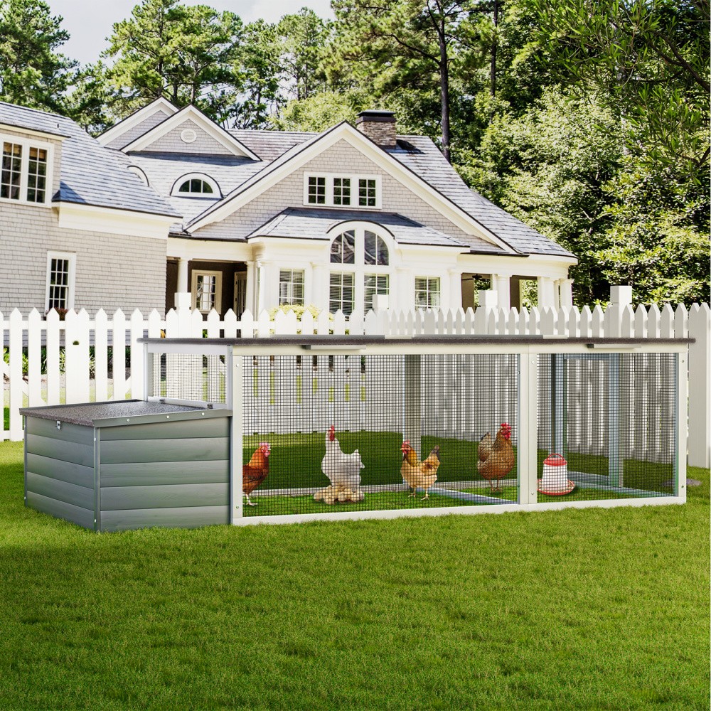 20.93ft² Walk-in Chicken Coop - Large Wooden Hen House w/ Metal Mesh Run Farm