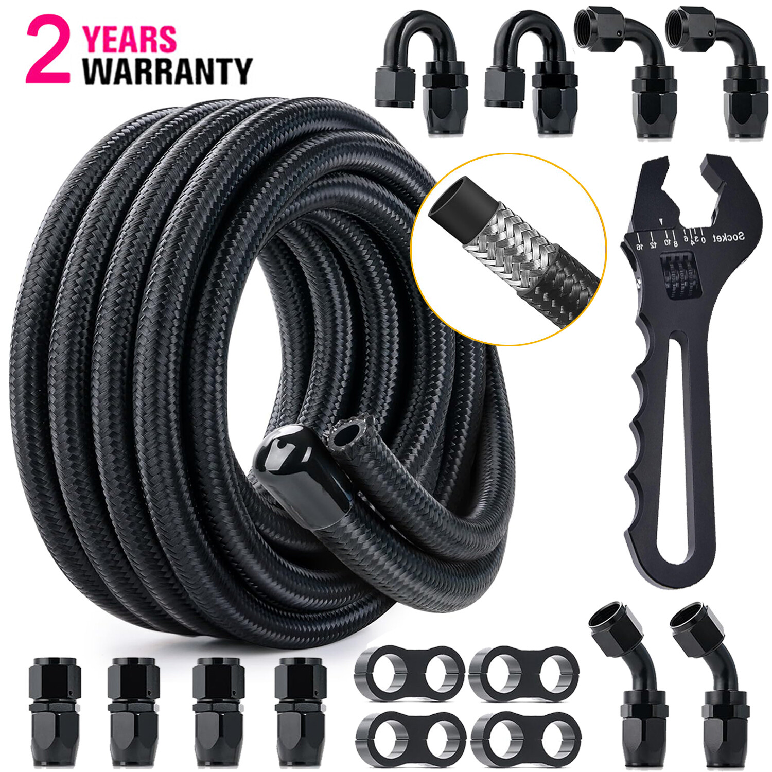 6AN 8AN 10AN 10-20FT CPE Braided Nylon Fuel Line Kit Hose end Fittings + Wrench