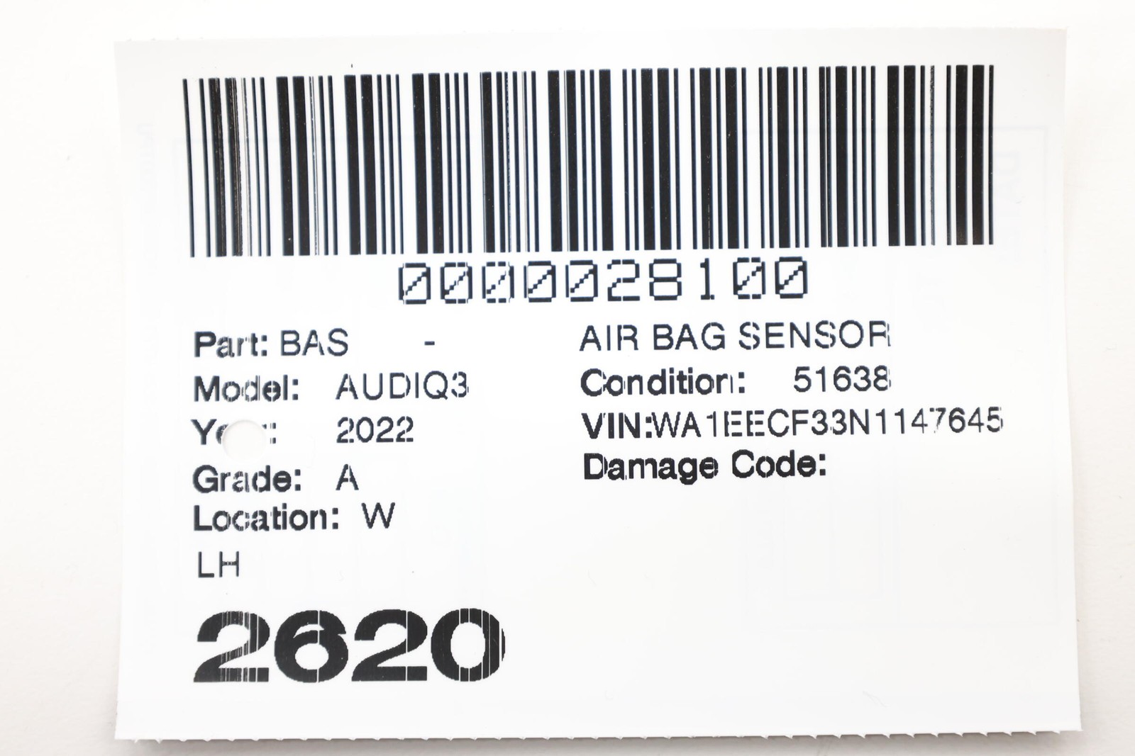 2019-2025 AUDI Q3 FRONT LEFT OR RIGHT AIRBAG CRASH IMPACT SENSOR OEM 5Q0959651B
