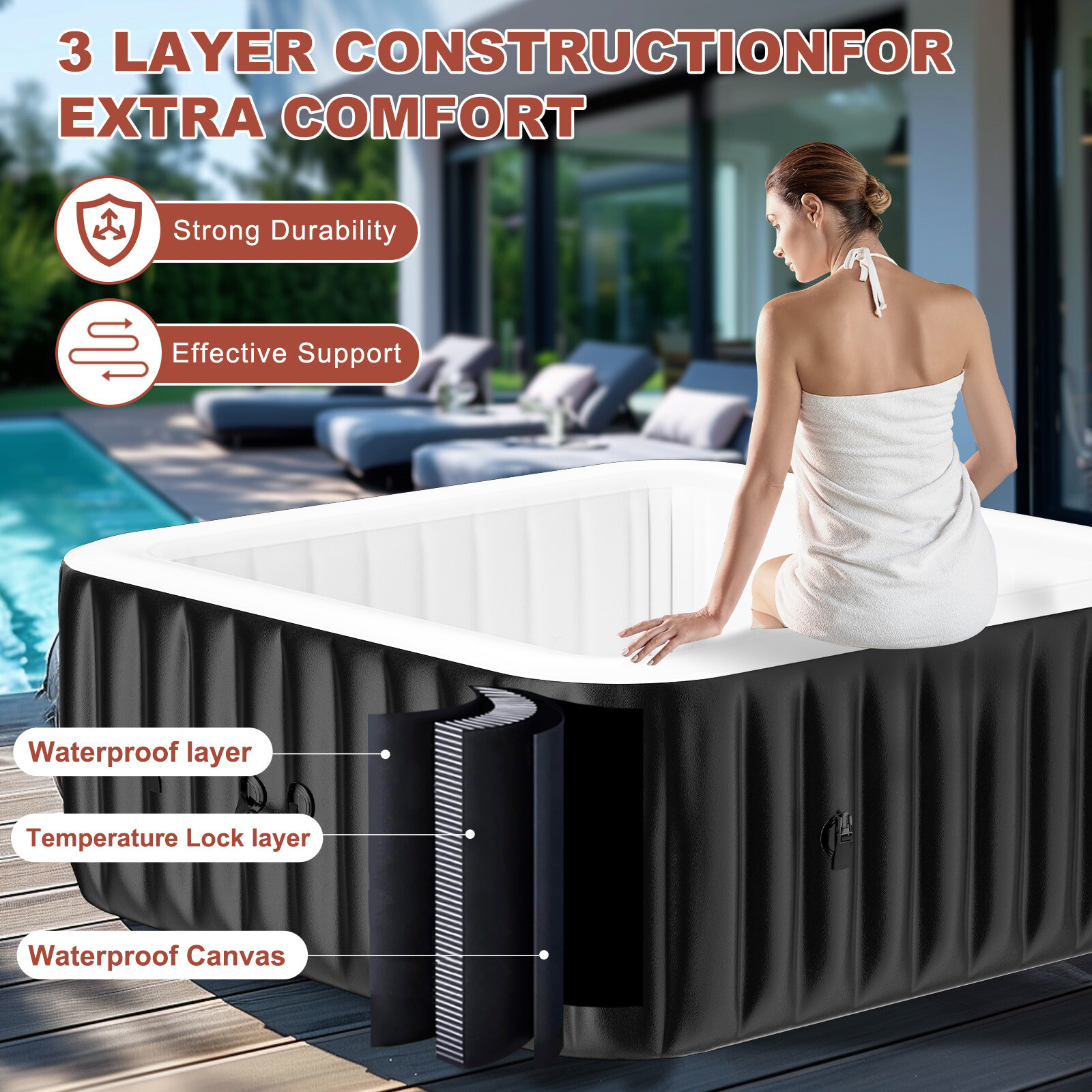 SLSY Inflatable Hot Tub 6 Person Large Square Hot Tub 73X73X25" Blow up Hot Tub