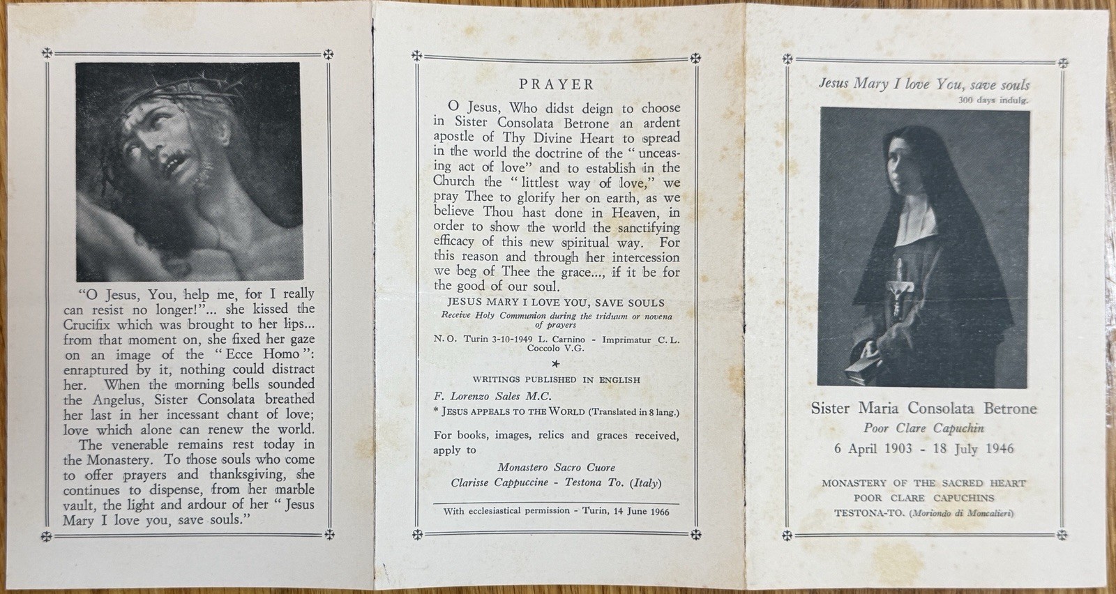 Sister Maria Consolata Betrone Holy Card - Sr Maria Betrone Holy Card