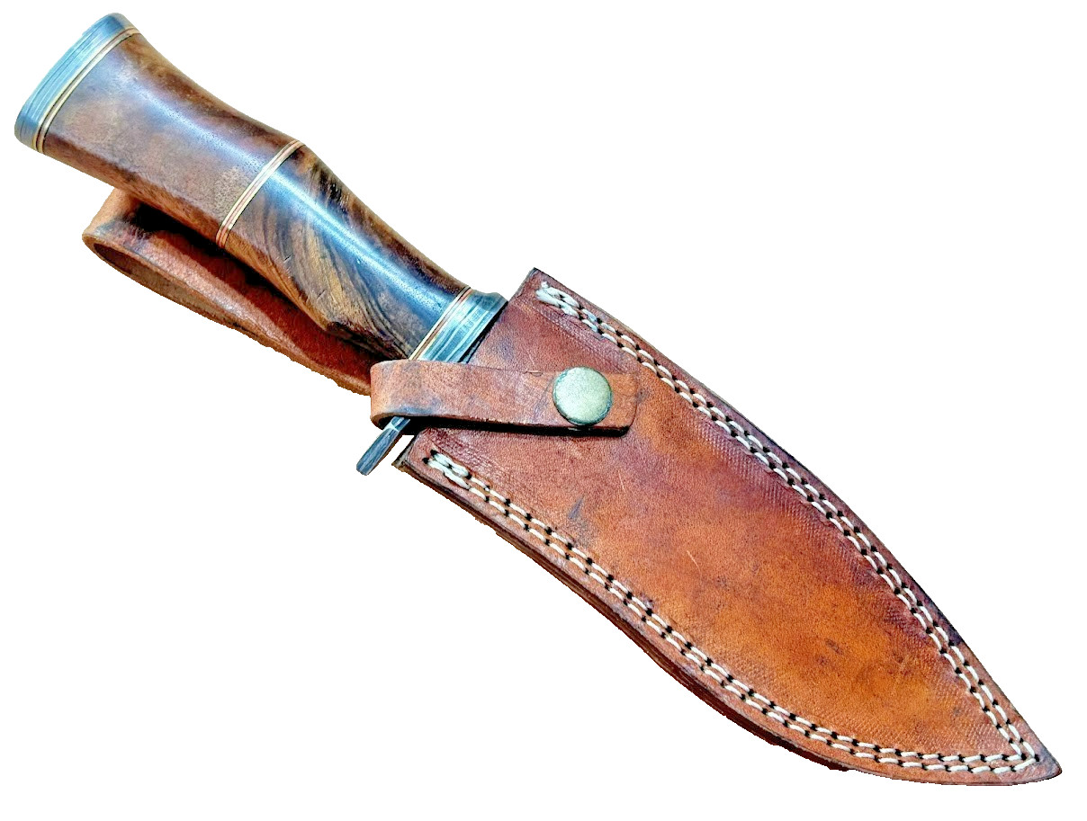 Damascus Blade 11" Bowie Knife with Leather Sheath Wood Handle Knives