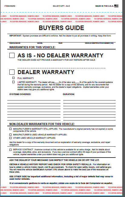 2 PART CAR DEALER BUYER GUIDE NEW PACK OF 100 AS IS FORMS WARRANTY ADHESIVE TAPE