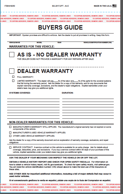 2 PART CAR DEALER BUYER GUIDE NEW PACK OF 100 AS IS FORMS WARRANTY ADHESIVE TAPE