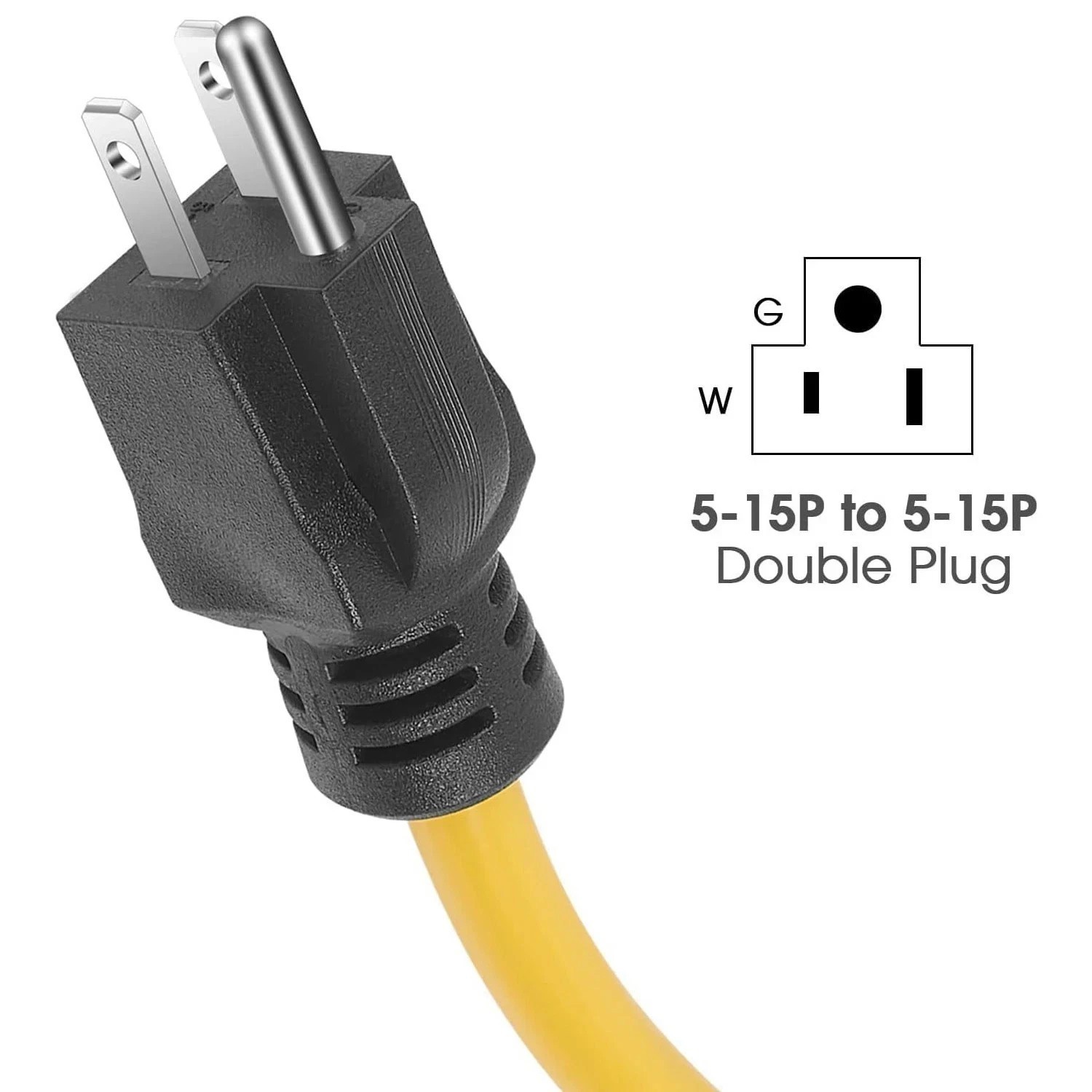 3 Prong Plug 125V Double Male Extension Cord For NEMA 5-15P to 5-15P Yellow 0.6m