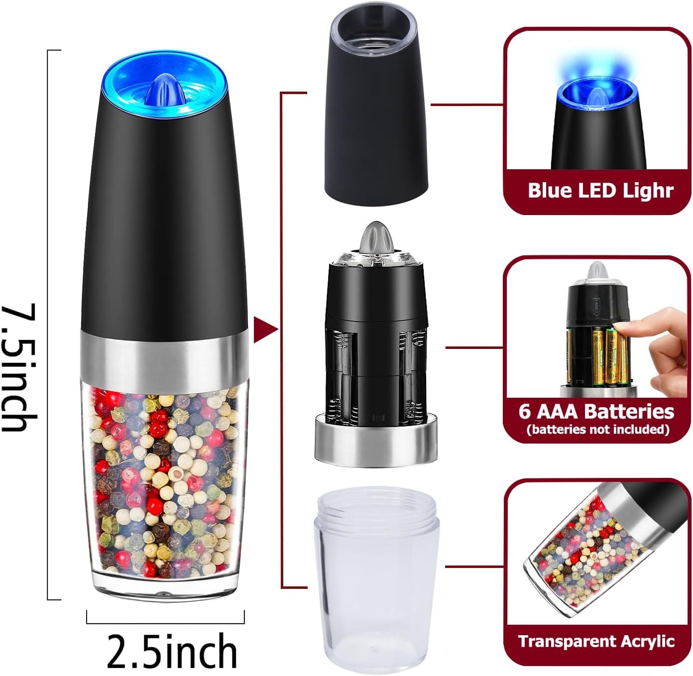 2 Pack Gravity Electric Salt and Pepper Grinder Mill Shaker Adjustable Automatic