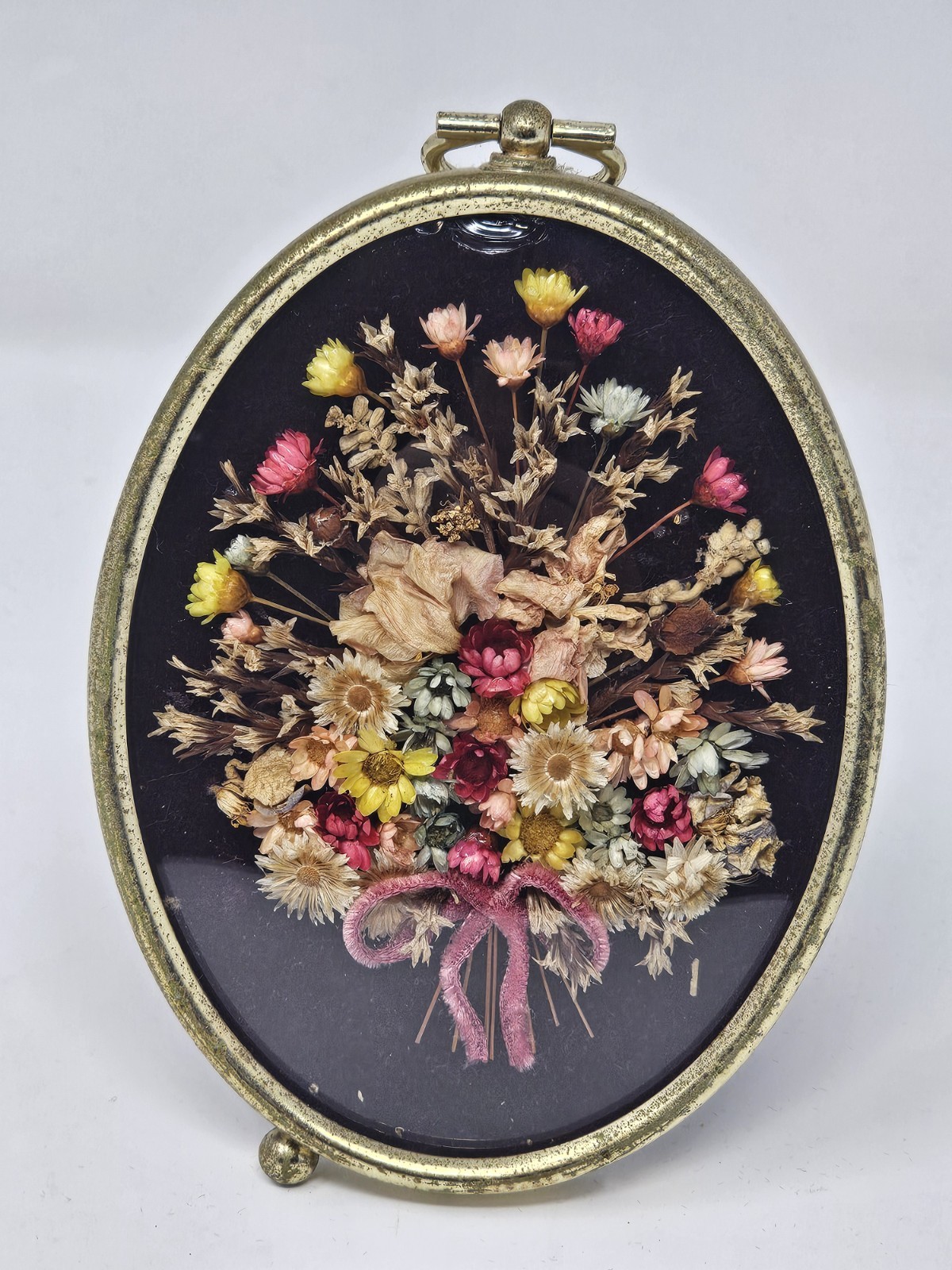 Vintage Framed Dried Flowers Oval Glass Cottagecore Art