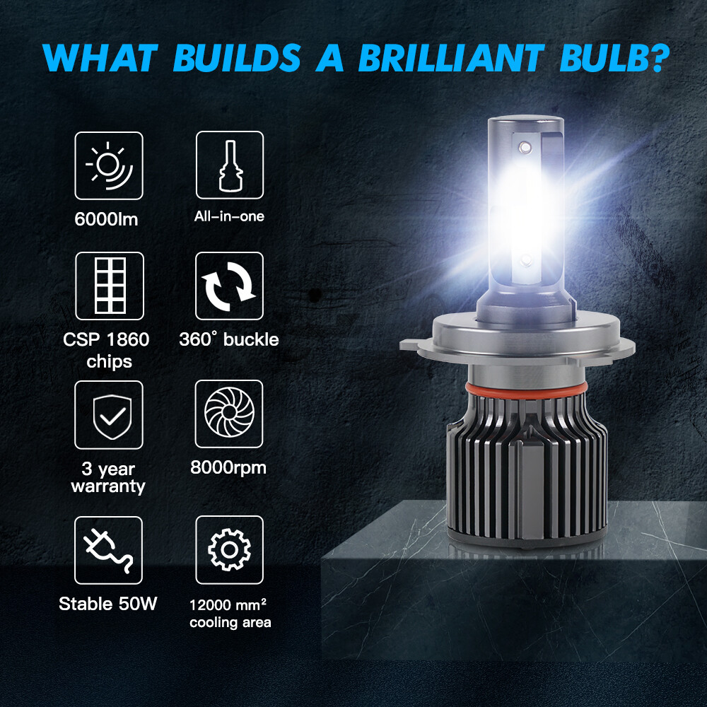 CSP H4 9003 LED Headlight Kit 6000LM 50W High Low Beam Bulbs 6000K White Lights