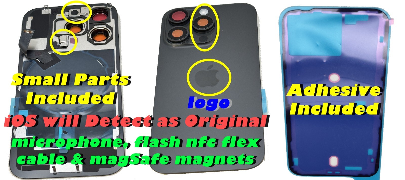 iPhone 15 Pro / Pro Max Back Glass Rear Cover w/ Flash Mic Flex & Adhesive