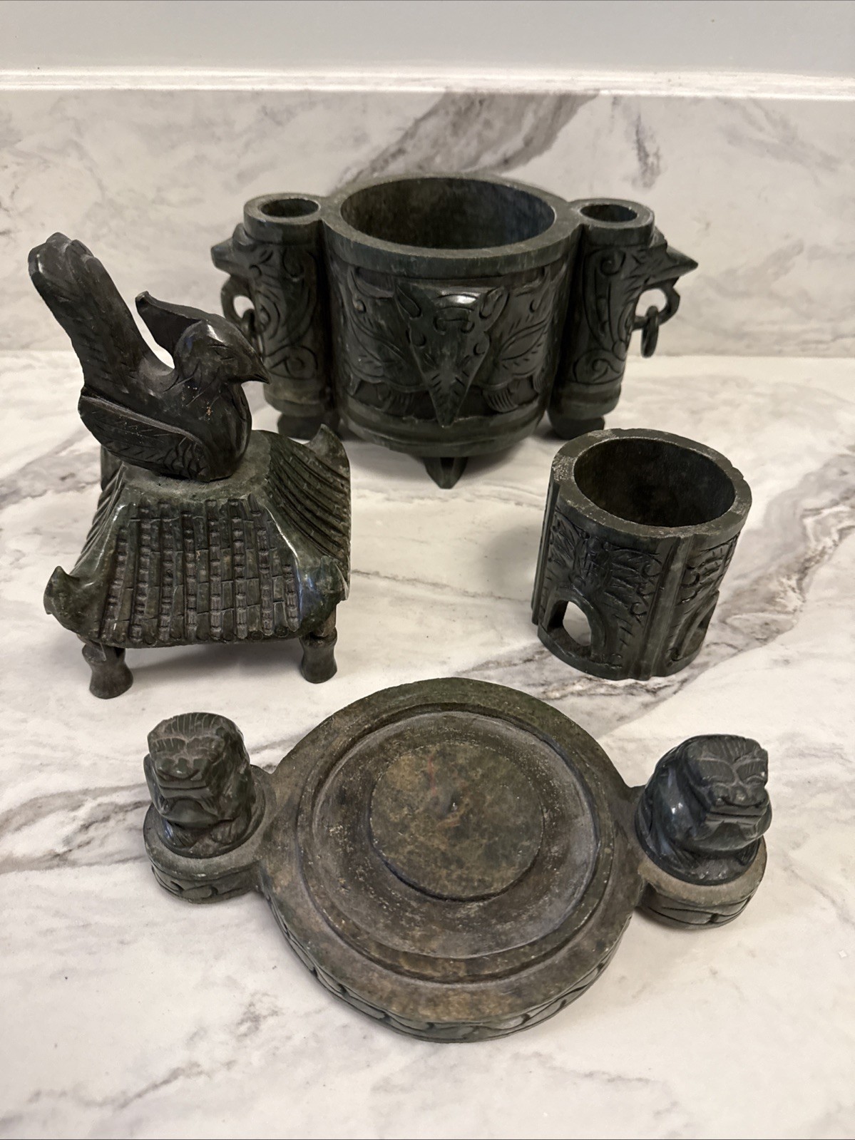 Large Vintage Chinese Deep Green Nephrite Jade Incense Burner 14”