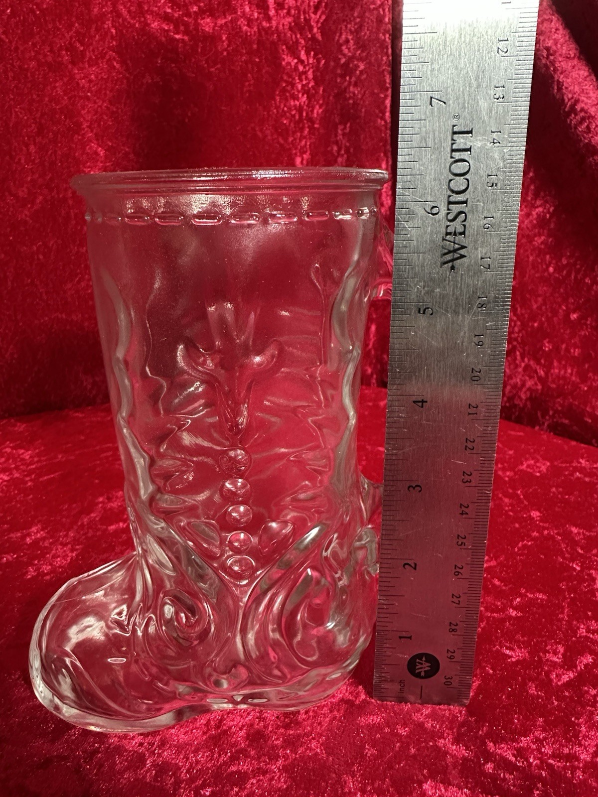 Vintage Libbey of Canada Clear Glass Embossed Western Cowboy Boot Mug Beer 6.5”