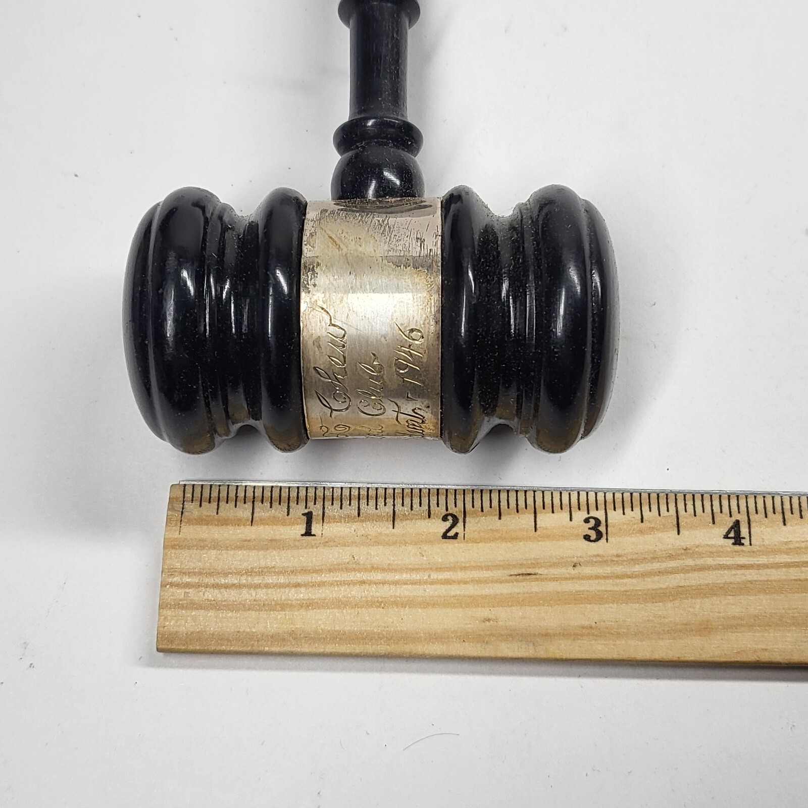 Ebony Wood Gavel w/Sterling Silver Band 10” Vintage 1946 Engraved Onized Club