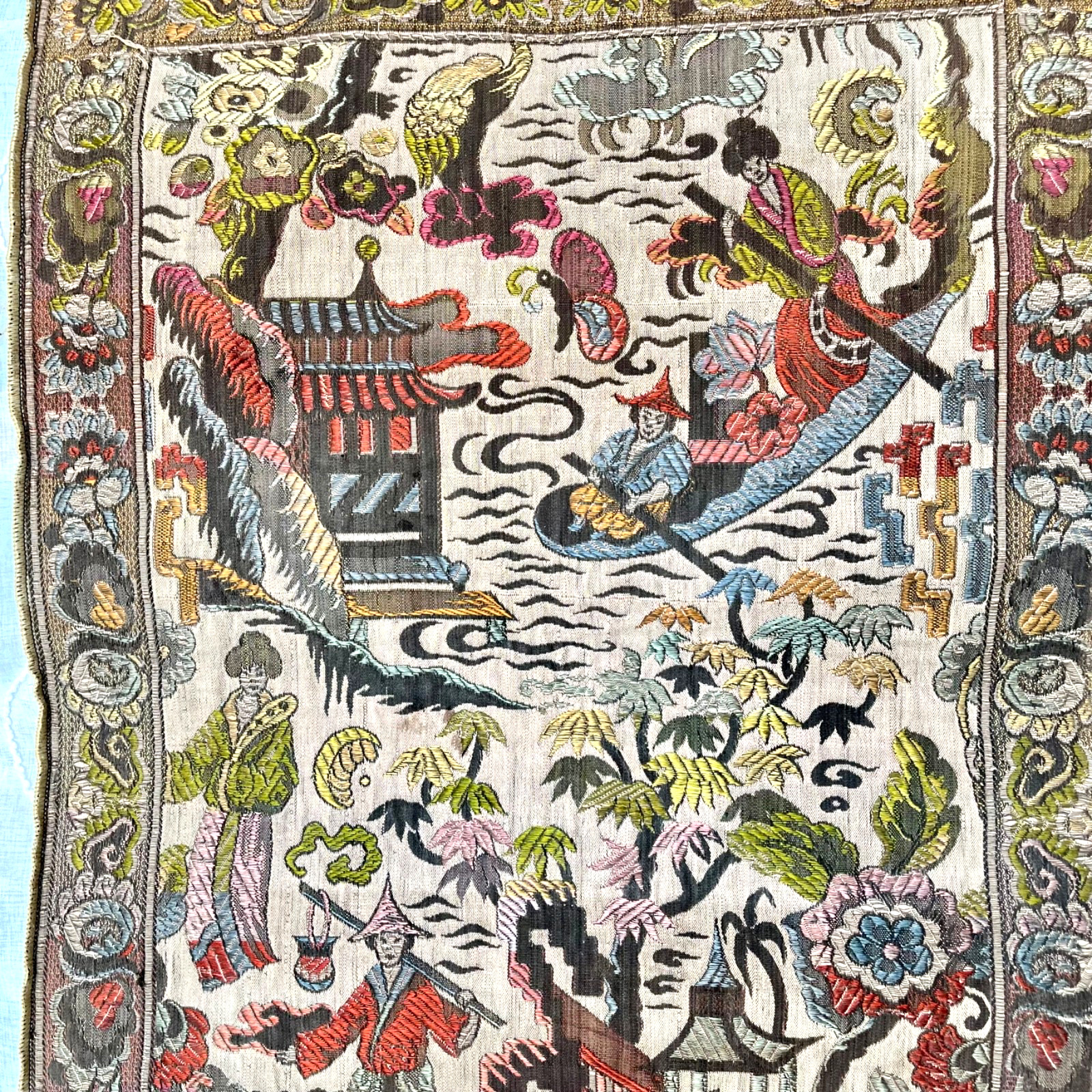 Vintage Hand Embroidered Silk Panel Runner Textile 48 x 17 Asian Pagoda Scene