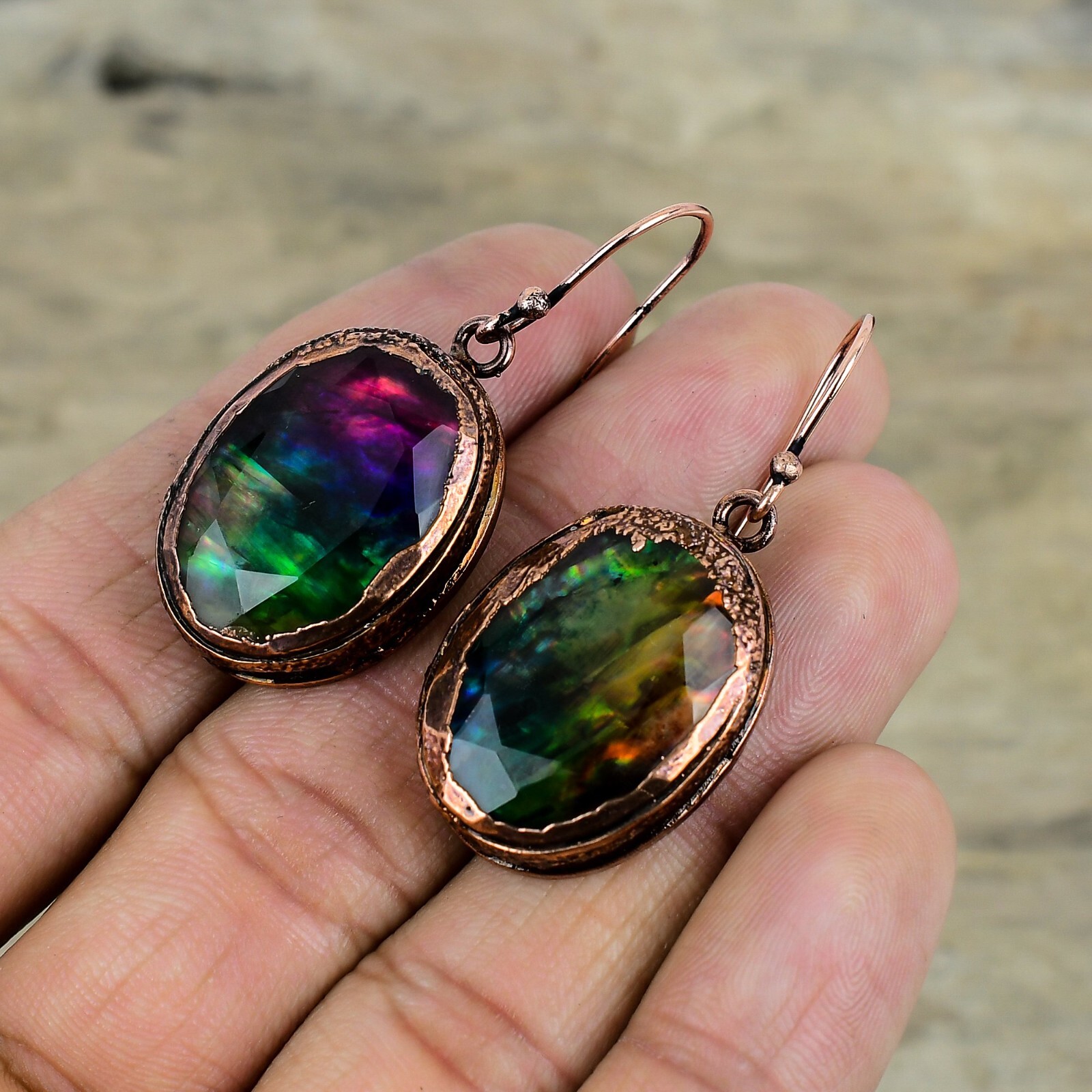 Ammolite Jewelry Copper Friend Gift Electroformed Drop/Dangle Earrings 1.85"