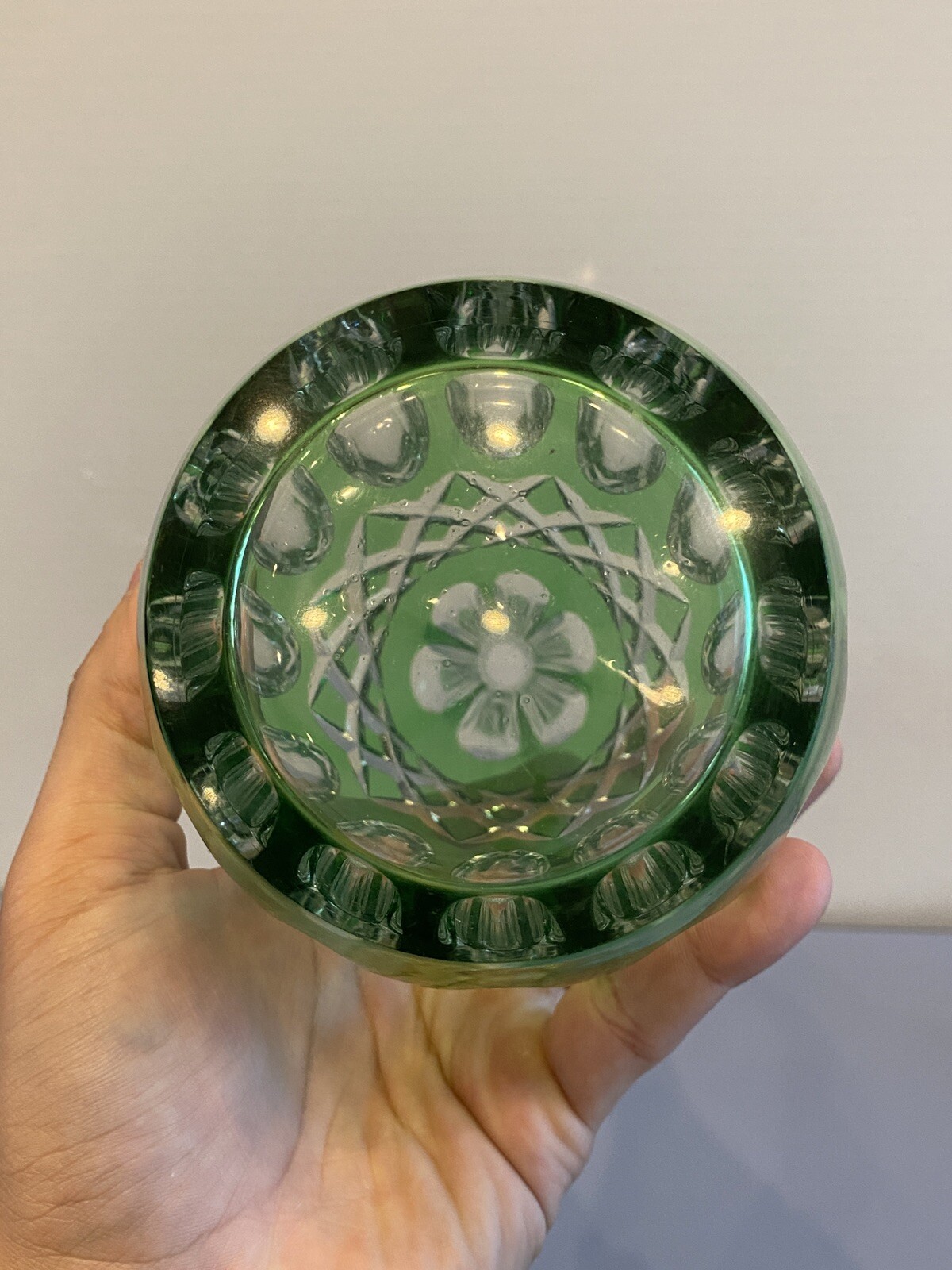 STUNNING VTG Emerald Green Cut To Clear Crystal Decanter W/Stopper 15.25"H