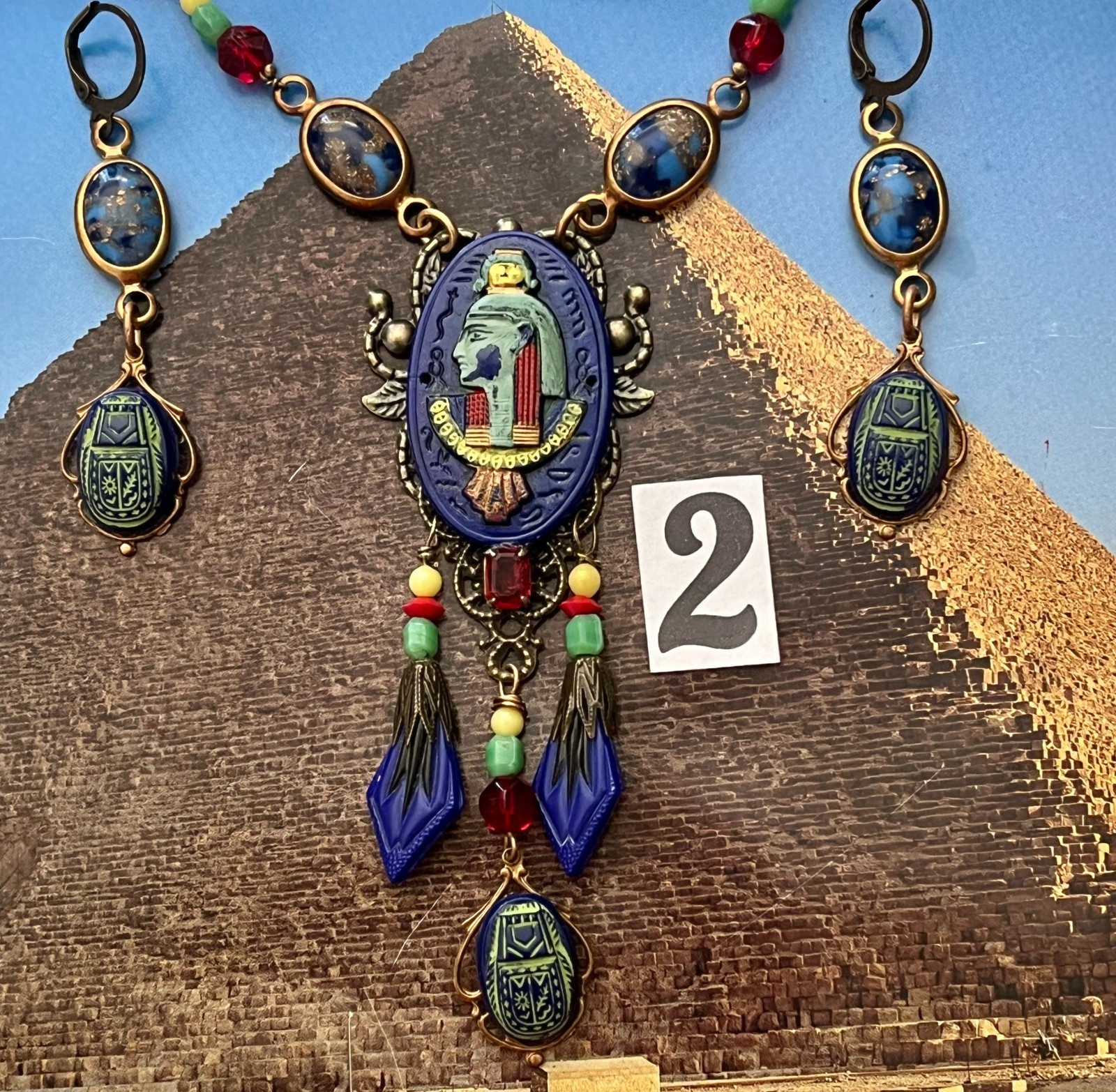 Deco Egyptian Revival Necklace Set, Neiger Style Pharaoh, Royal Blue, Red, Green