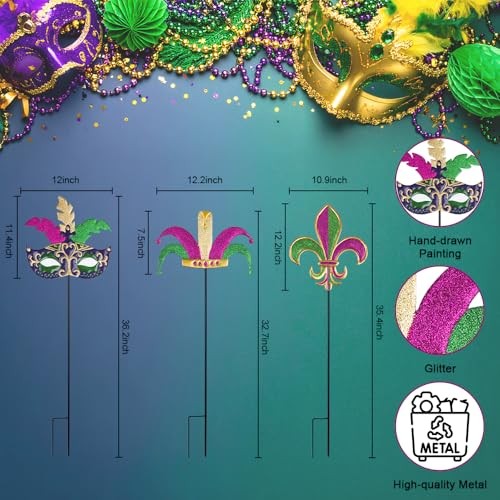 Mardi Gras Outdoor Decorations, Set of 3 Metal 36" Decorative Garden Stakes