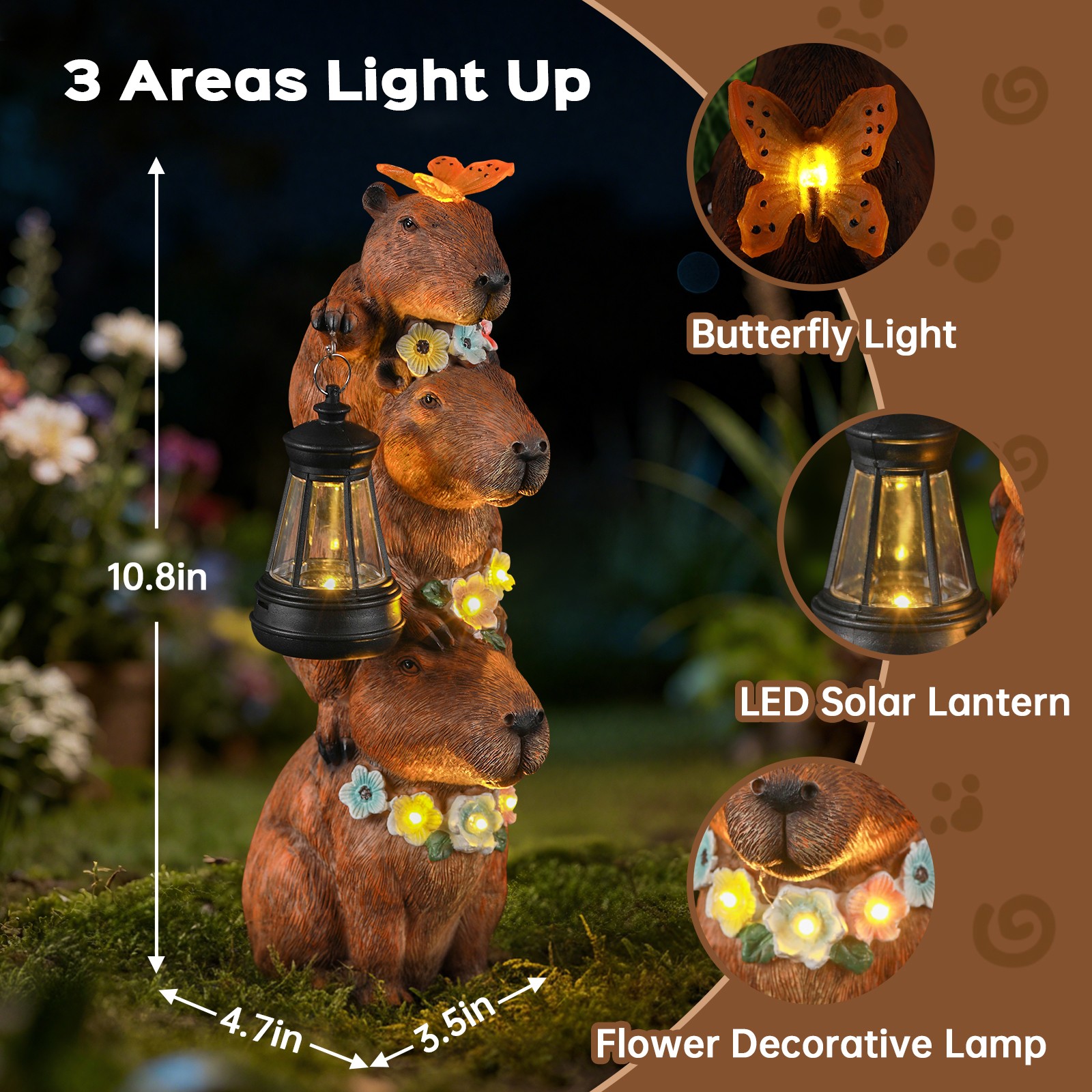 Solar-Powered Capybara Statue with LED Lights & Flowers - Outdoor Decor