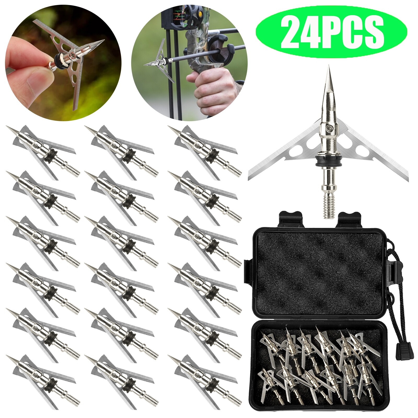 24Pcs 100 Grain Archery Broadheads 2" Dia Expandable Hunting Arrowhead w/2 Blade