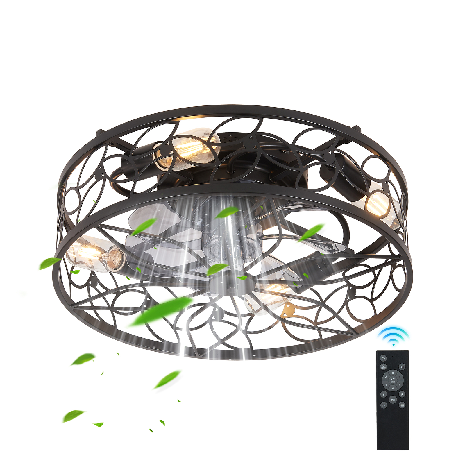 18" Black Caged Ceiling Fan Light Farmhouse Flush Mount with Remote Control kit