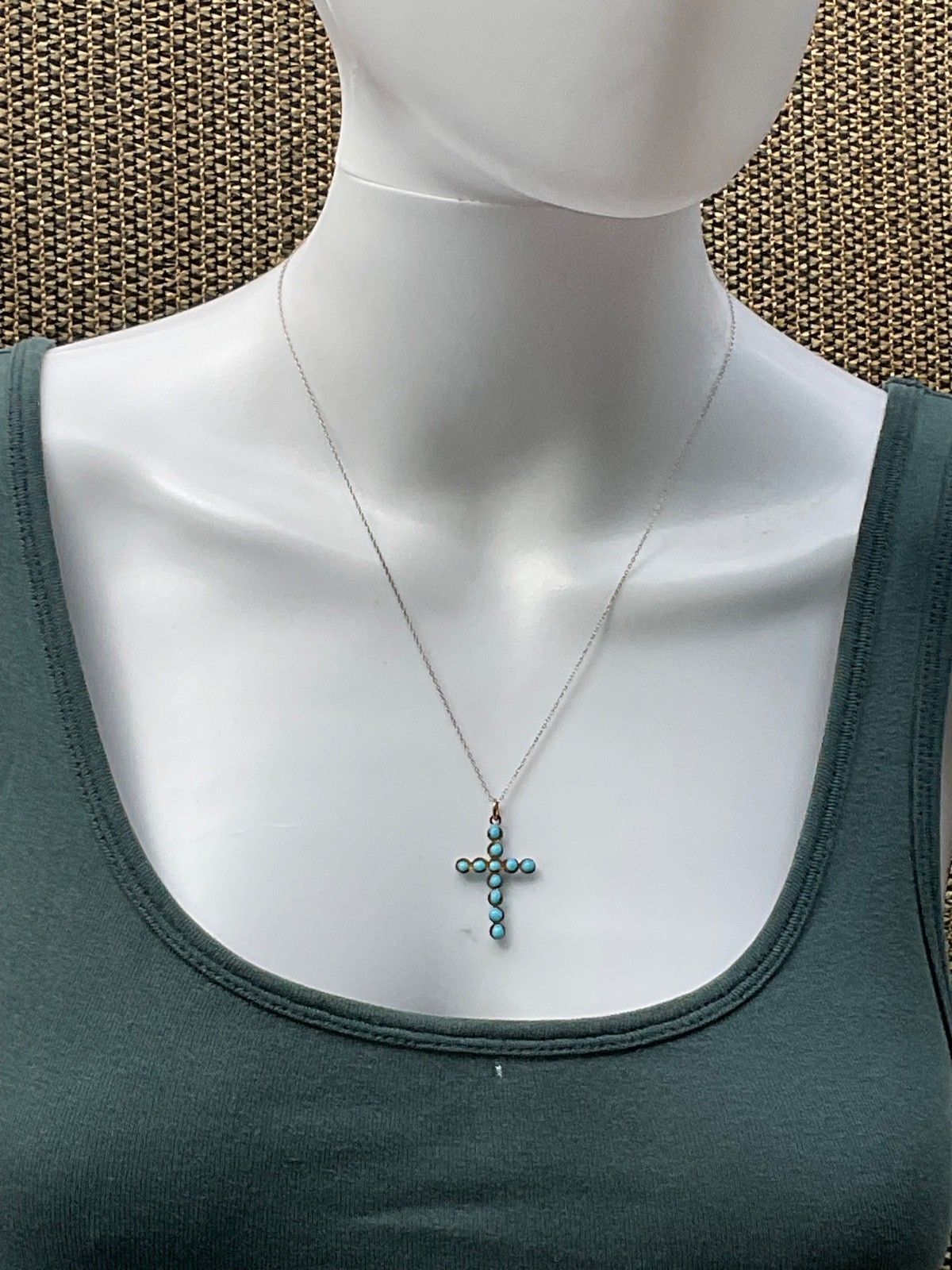 French Antq. Silver~Gold Plate~Sky Blue Glass Enameled Drops Cross~Tres Chic
