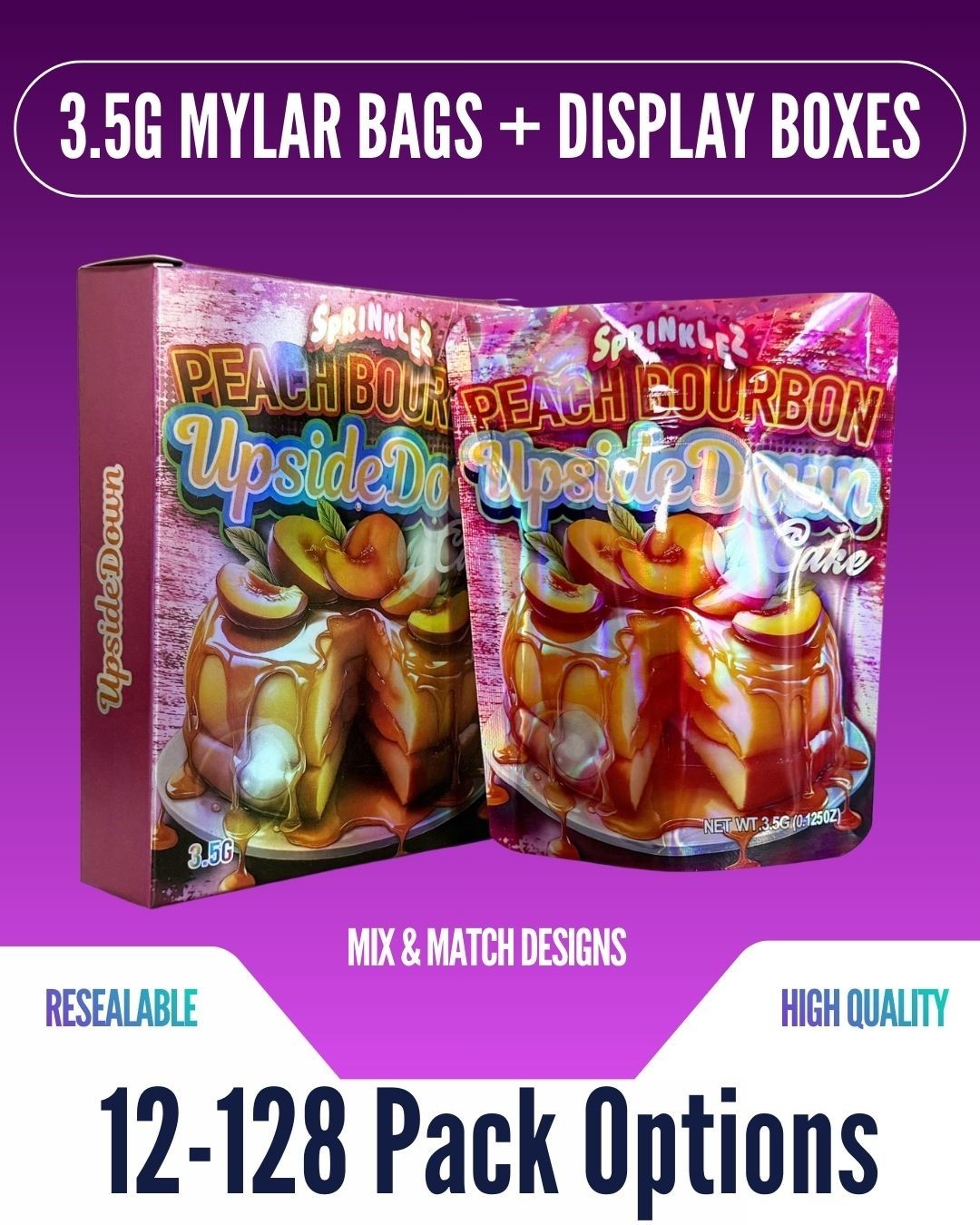 Resealable Mylar Bags 3.5g w/ Display Box | Smell Proof Packaging 12-128 Pack