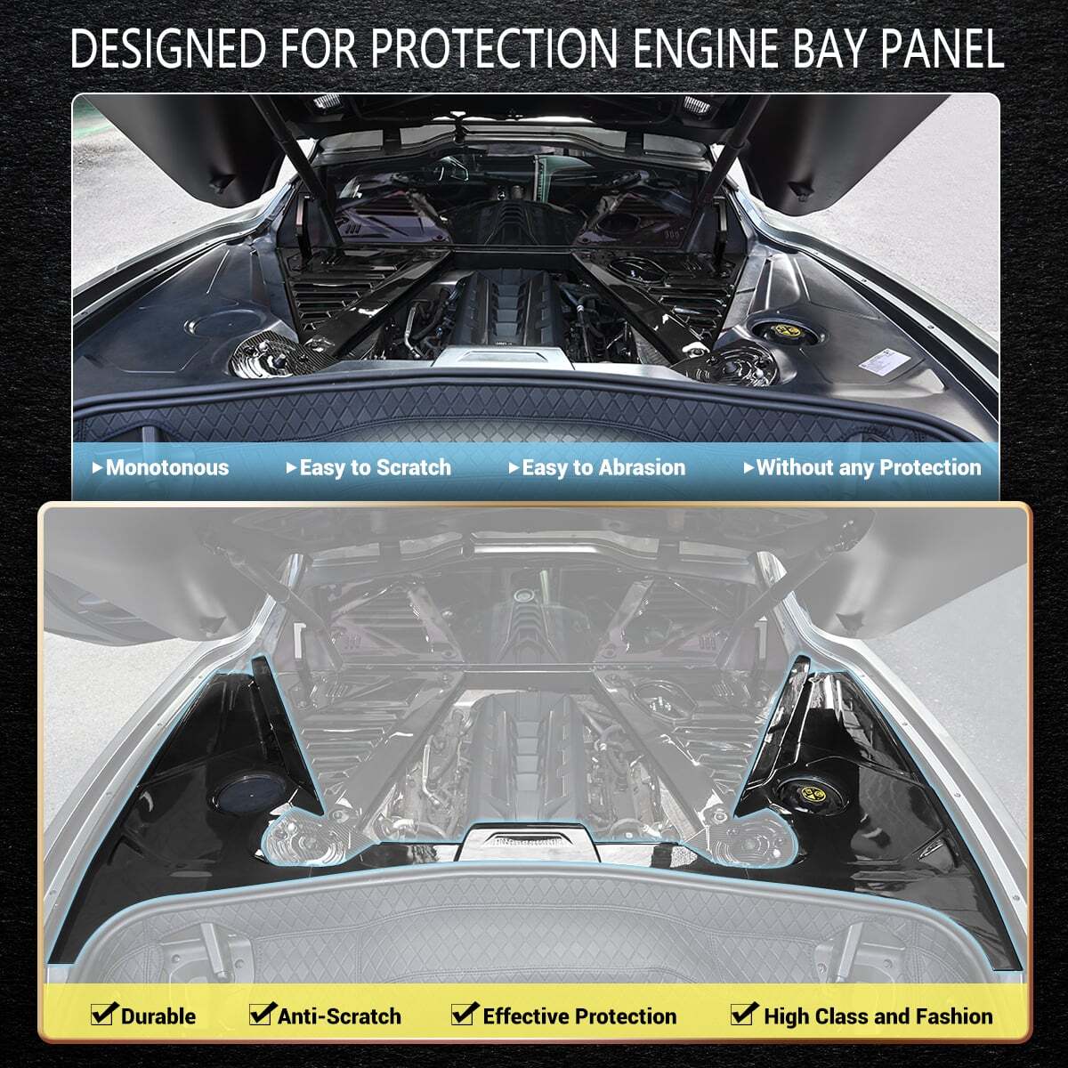 Gloss Black Flash Engine Bay Trim Panel Cover Guard for Corvette C8 Coupe 2020+