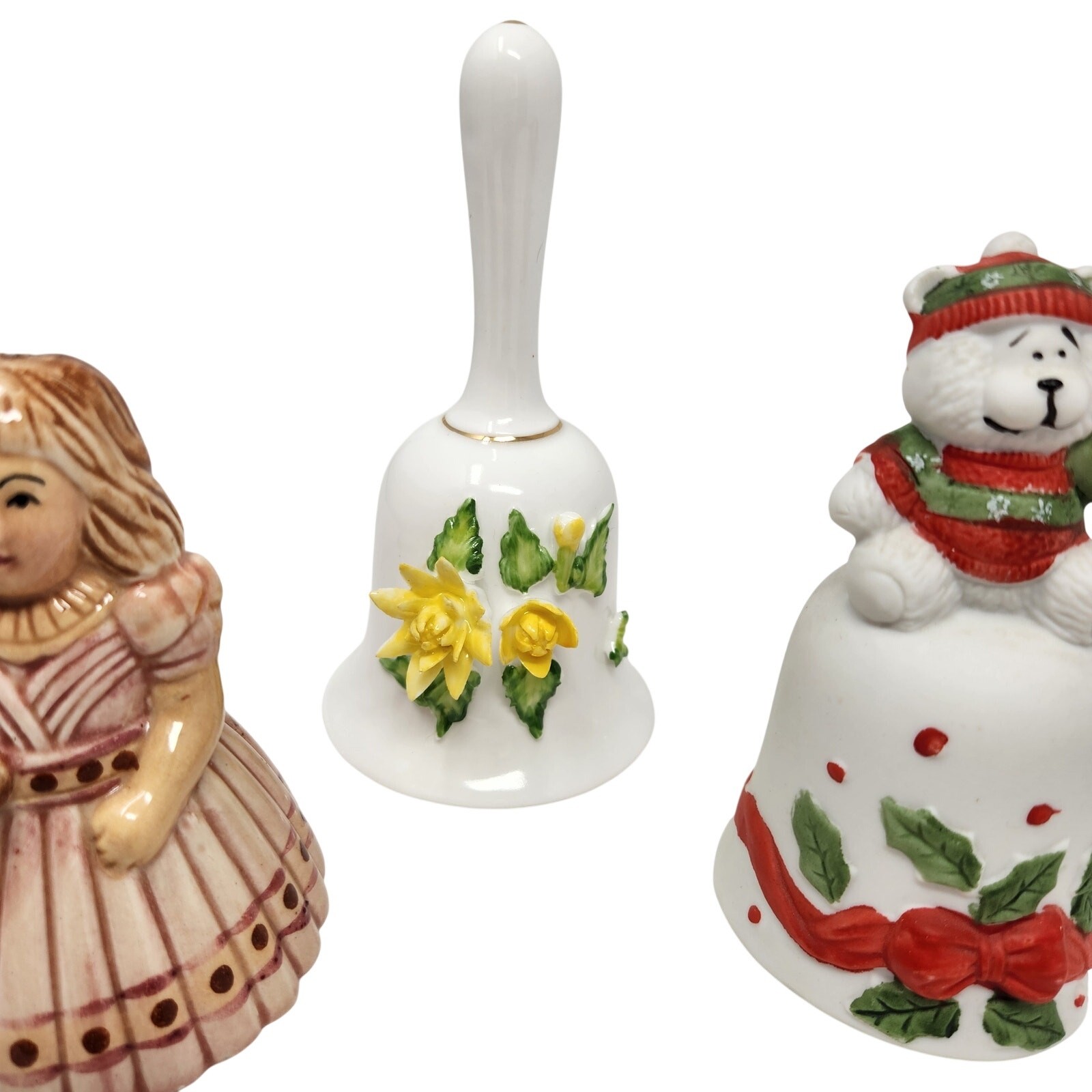 Lot Of 7 Mixed Etched Glass Ceramic Vintage Bells Collections Collectibles