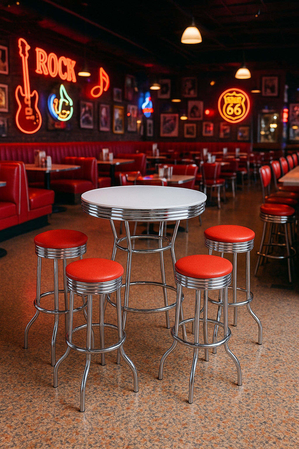 Retro White Chrome Bar Table w 4 Red Glitter Swivel Bar Stools Chairs Set New