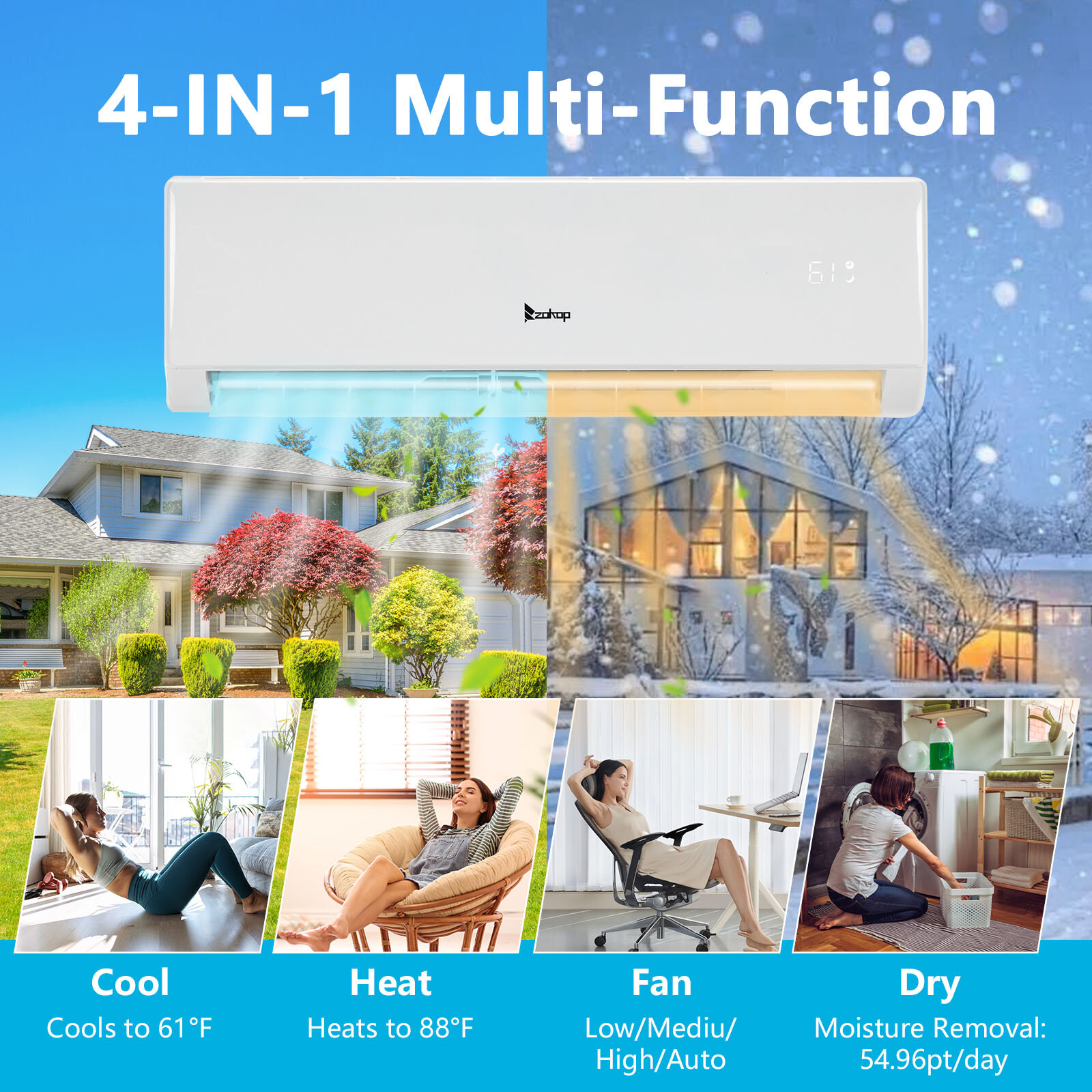 11,000 BTU Ductless Mini Split Air Conditioner, Heat Pump With/AC Unit KIT, Wifi