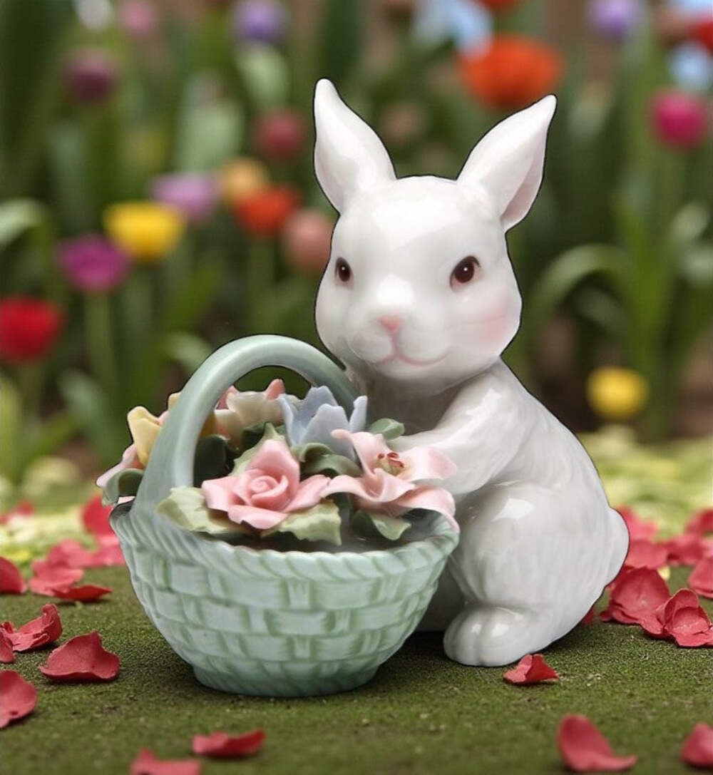Ceramic Easter Bunny Rabbit With Flower Basket Figurine, Home Décor, Gift for He