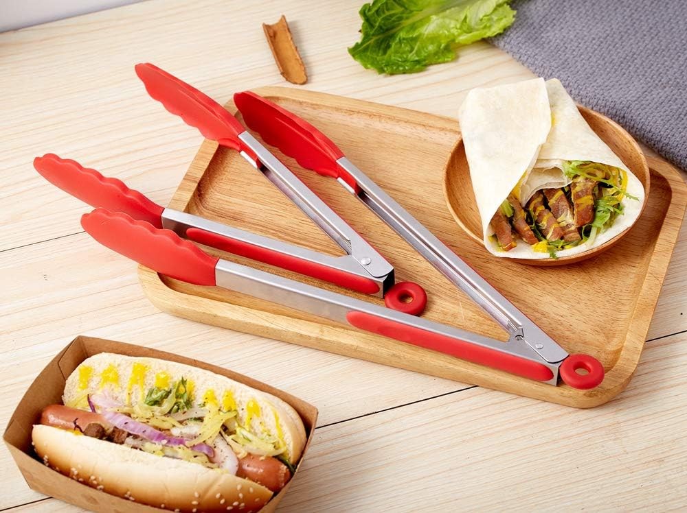 Kitchen Tongs Set of 2 – 9 inch & 12 – Stainless Steel Food Red