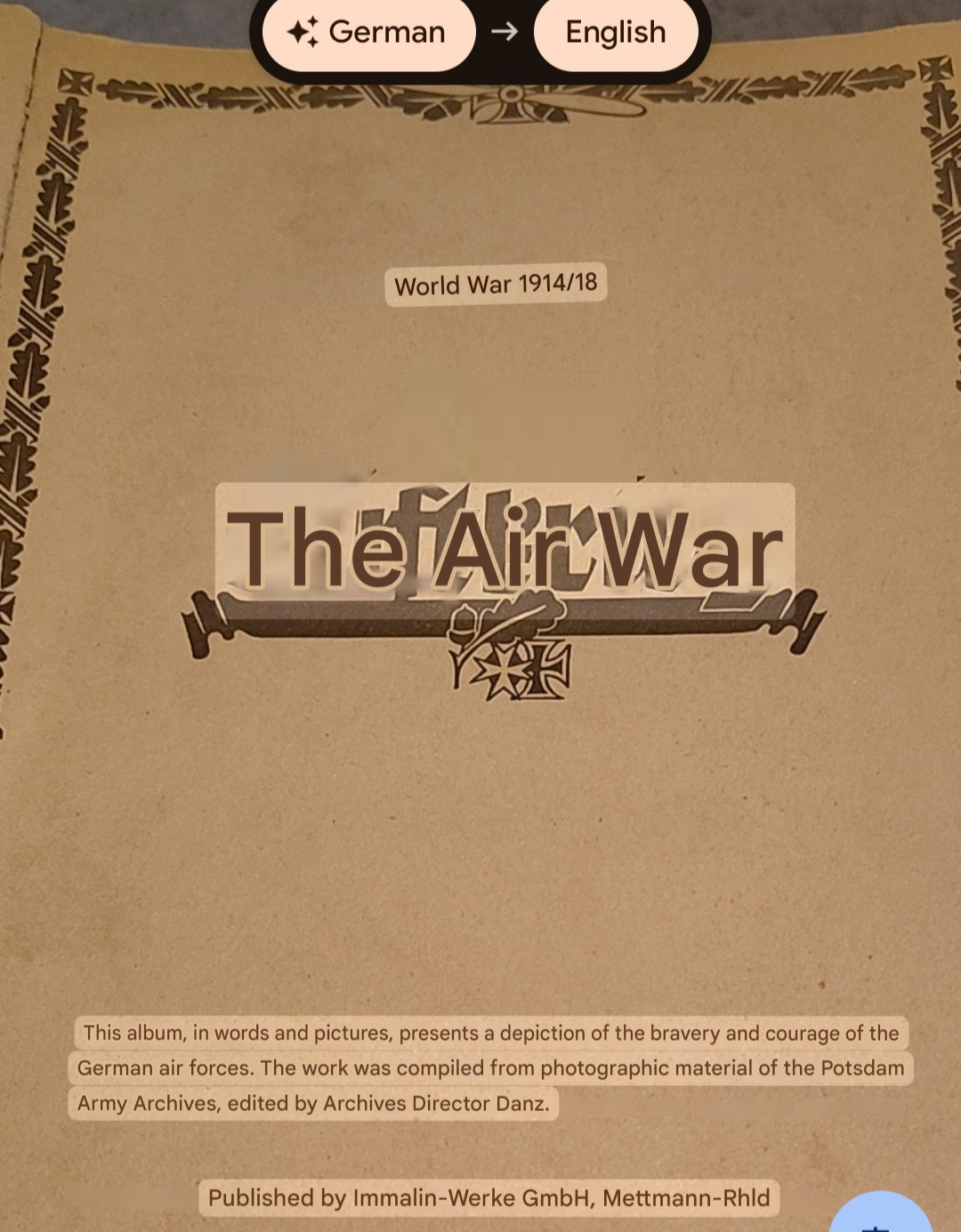 Rare Der Weltkrieg 1914/18: Der Luftkrieg" Air War WW1 German Immalin-Werke GmbH