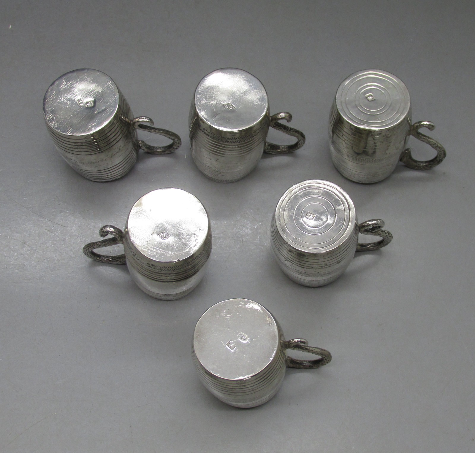 ANTIQUE RARE SET 6 SOLID SILVER TOT CUPS-KINGDOM OF TWO SICILIES 4CM 130g c1840