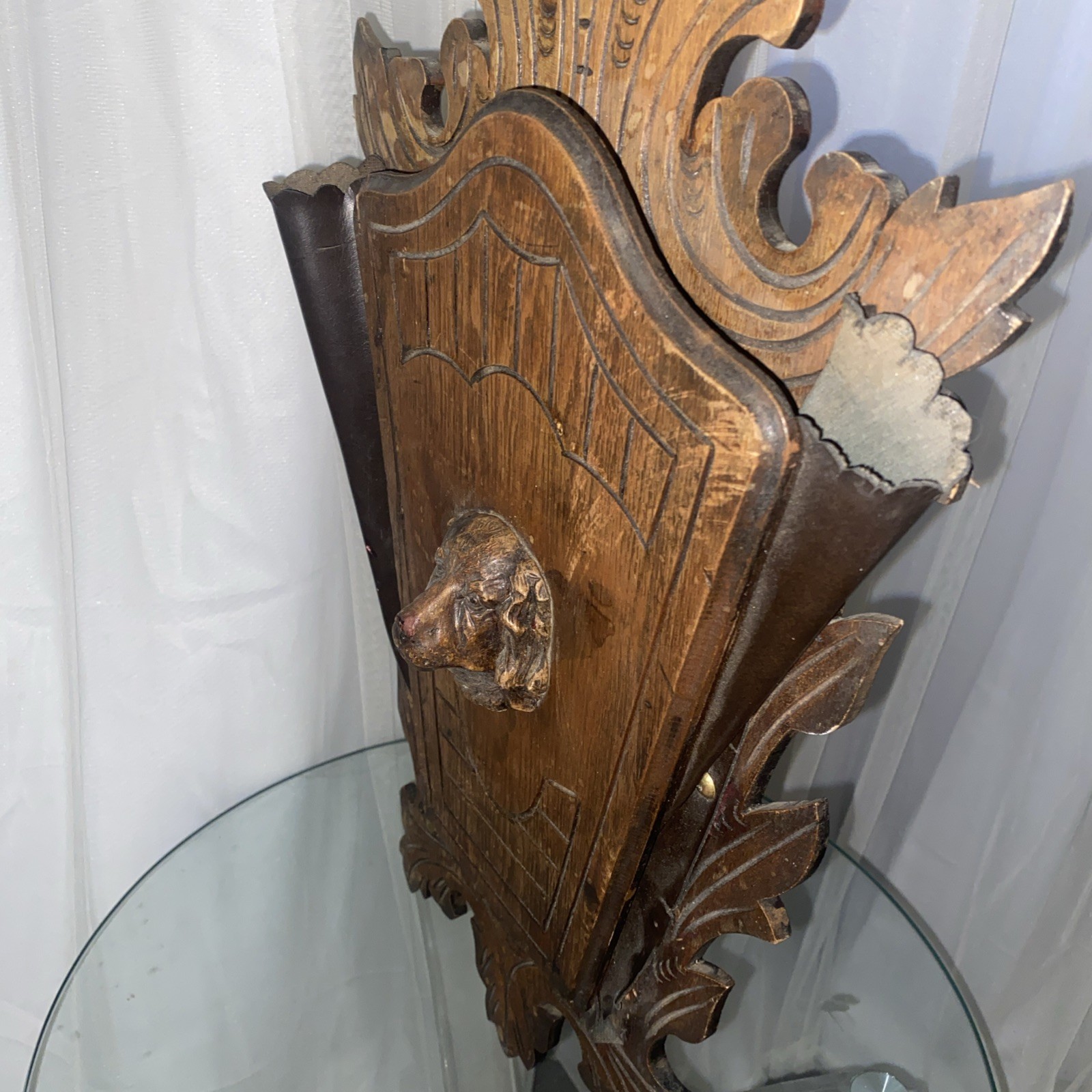 Antique Victorian Walnut Wall pocket Magazine Newspaper Rack Holder Spaniel Dog