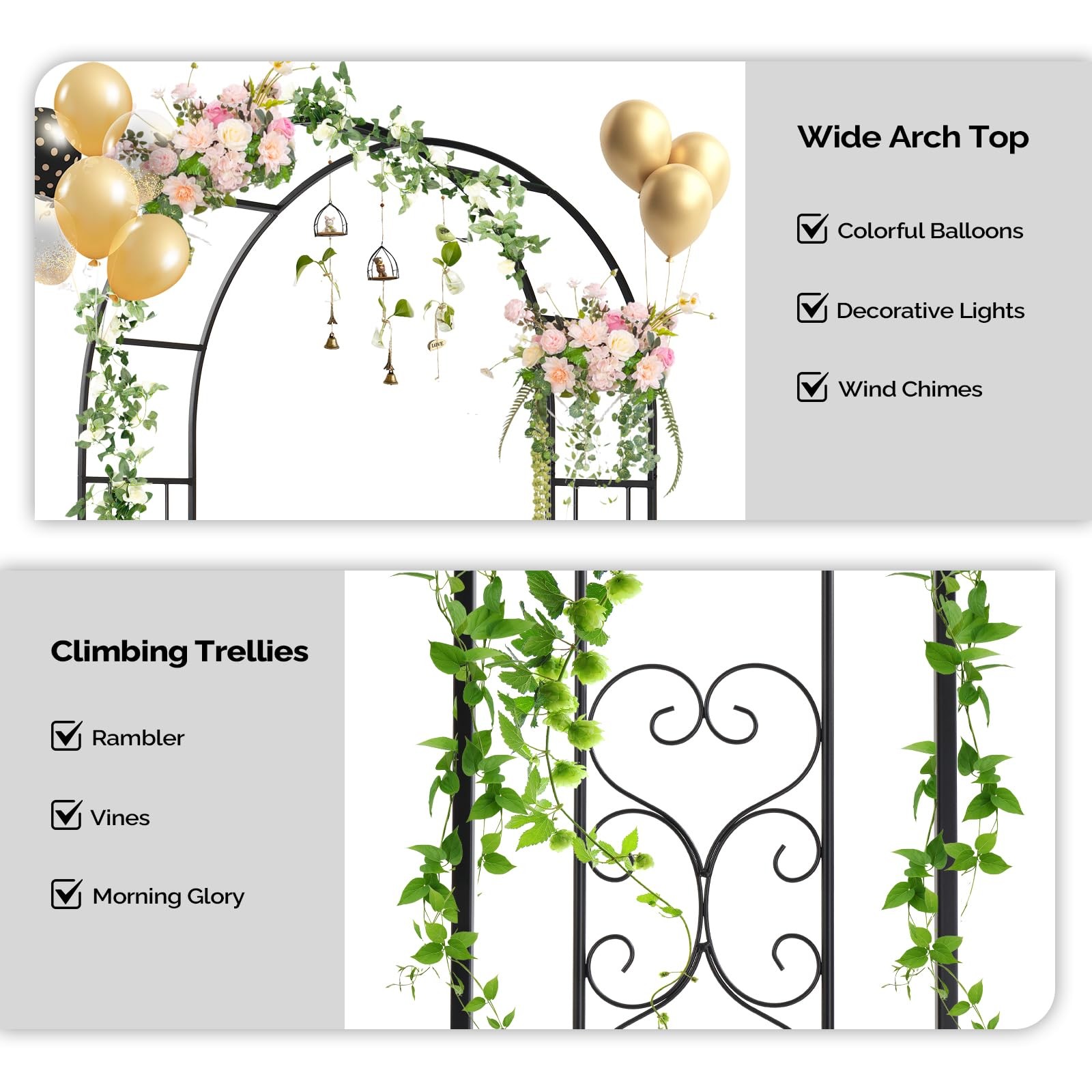 Metal Garden Arch Trellis for Climbing Plants Outdoor Wedding Patio Decor Black