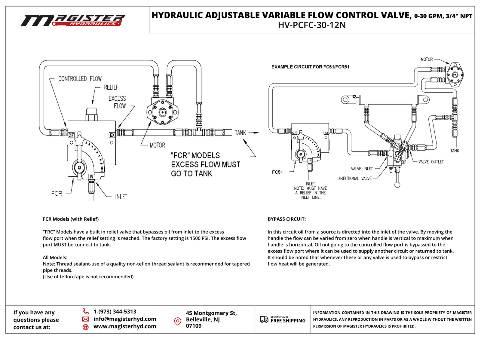 Hydraulic Adjustable Variable Flow Control Valve, 0-30 GPM, 3/4″ NPT