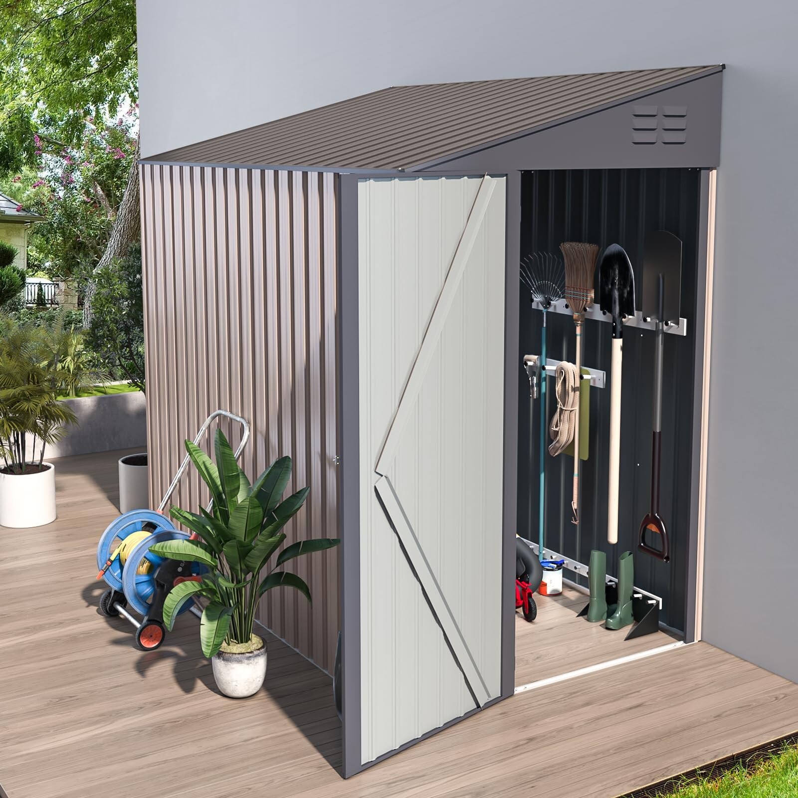 Lean to Garden Storage Shed Outdoor Metal Tool House w/ Lockable Door Multi-size