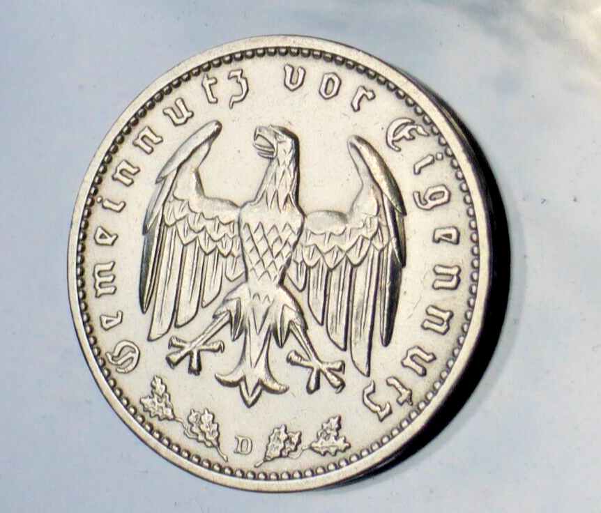 Beautiful 1 Reichsmark Nazi Coin: Genuine Nickel Third Reich WW2 Germany Mark