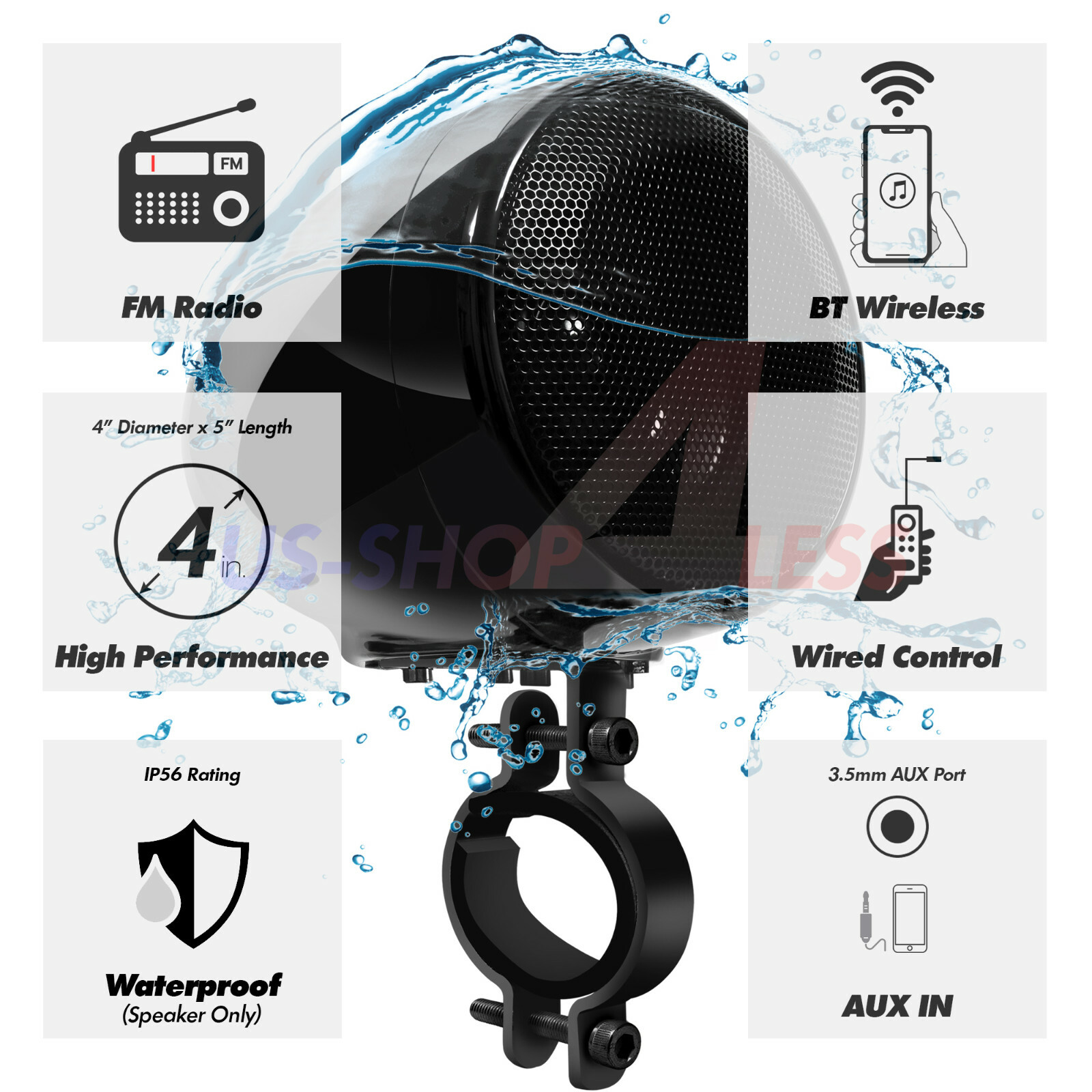 Bluetooth Amp ATV Waterproof Motorcycle Stereo Speaker Audio Music Radio System