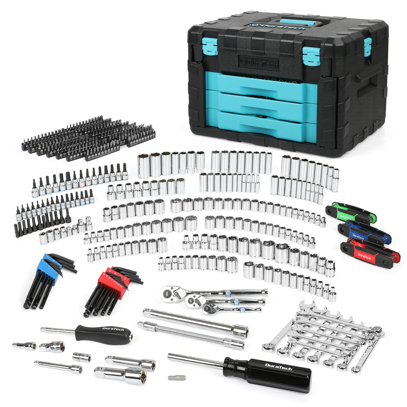 DURATECH 497PC Mechanics Tool Set Automotive SAE/Metric Socket 3 Drawer Case Box