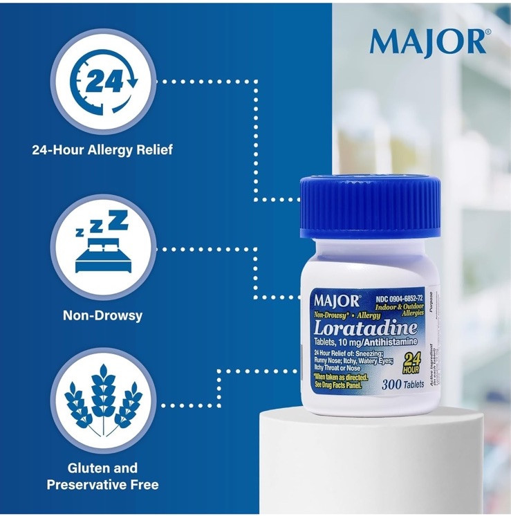 Major Allergy Loratadine 10mg Antihistamine Non-Drowsy Tablets 300 Count