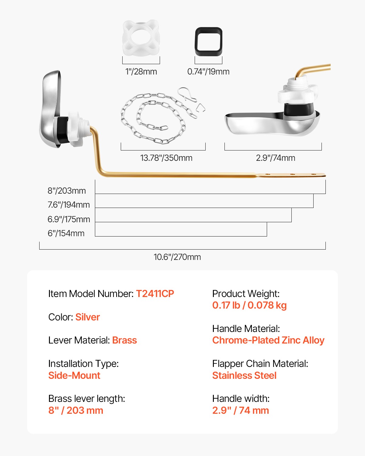 VEVOR Toilet Handle Replacement Kit Side Universal Toilet Flush Handle Chrome