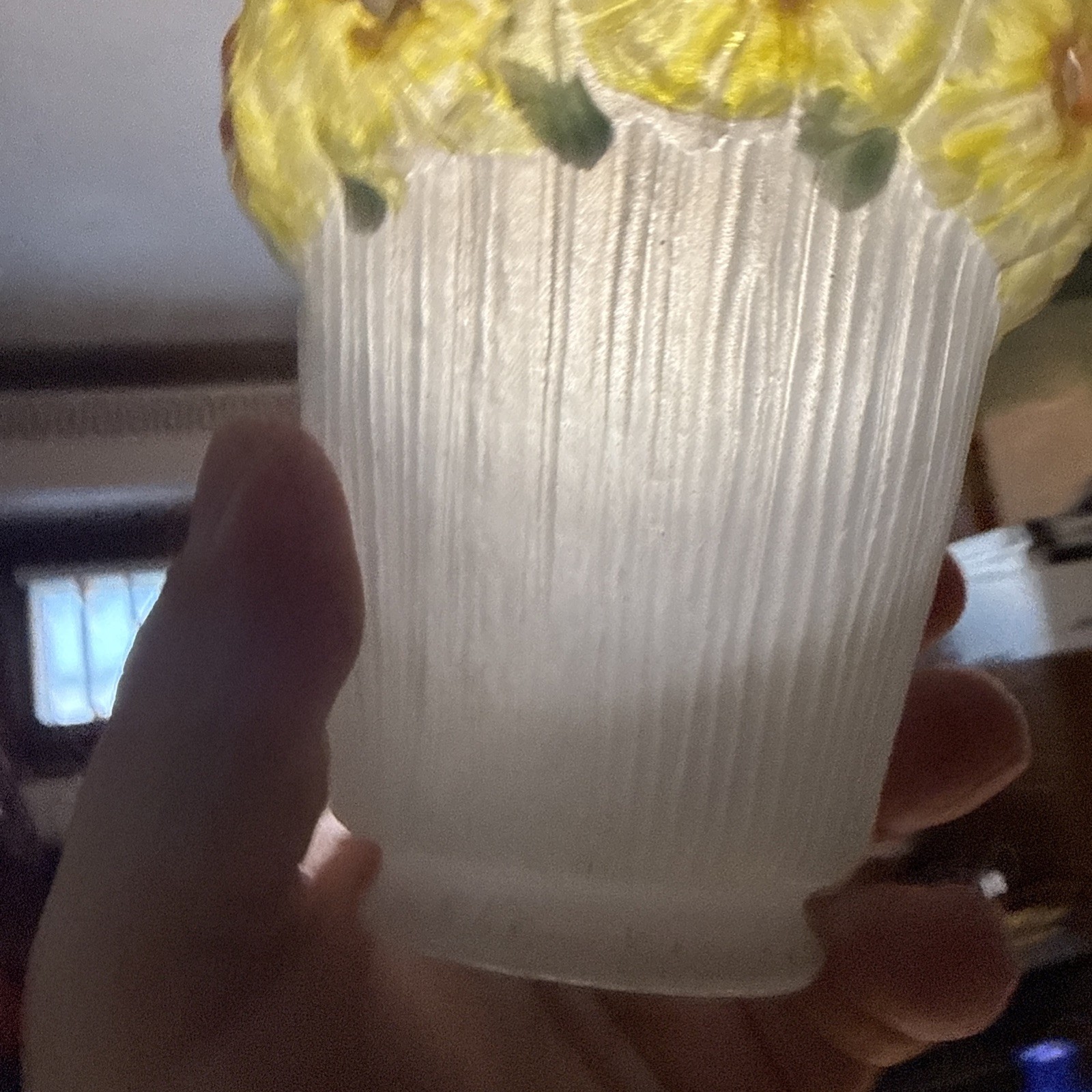 Antique Set 3 Reverse Painted Glass 4 5/8" Shades Yellow Flowers 2-1/4" Fitter