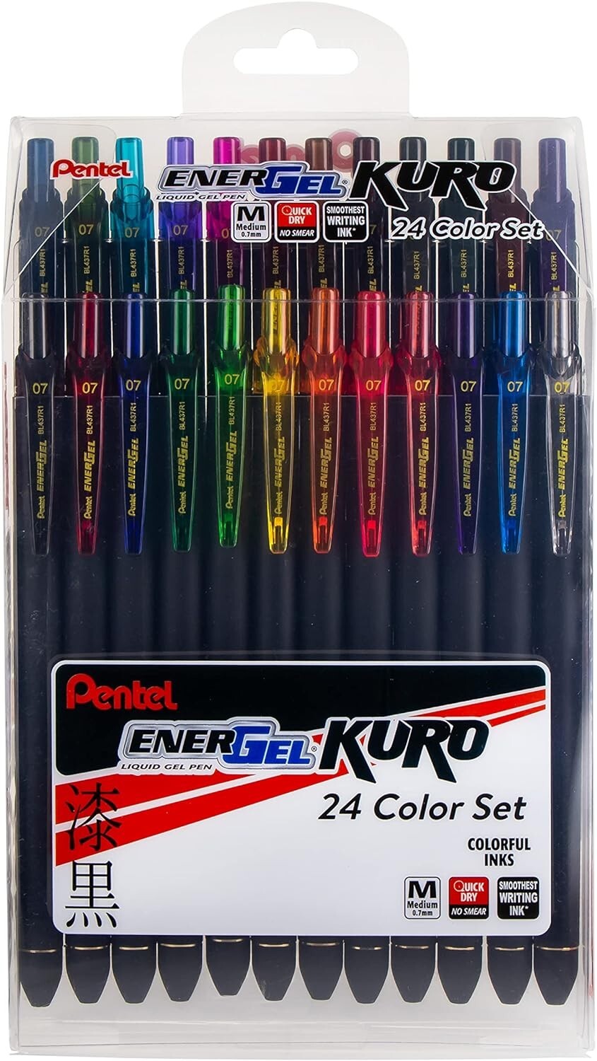 Pentel EnerGel Kuro Liquid Gel Pen, (0.7mm), Medium line, Assorted Ink, 24 Pack