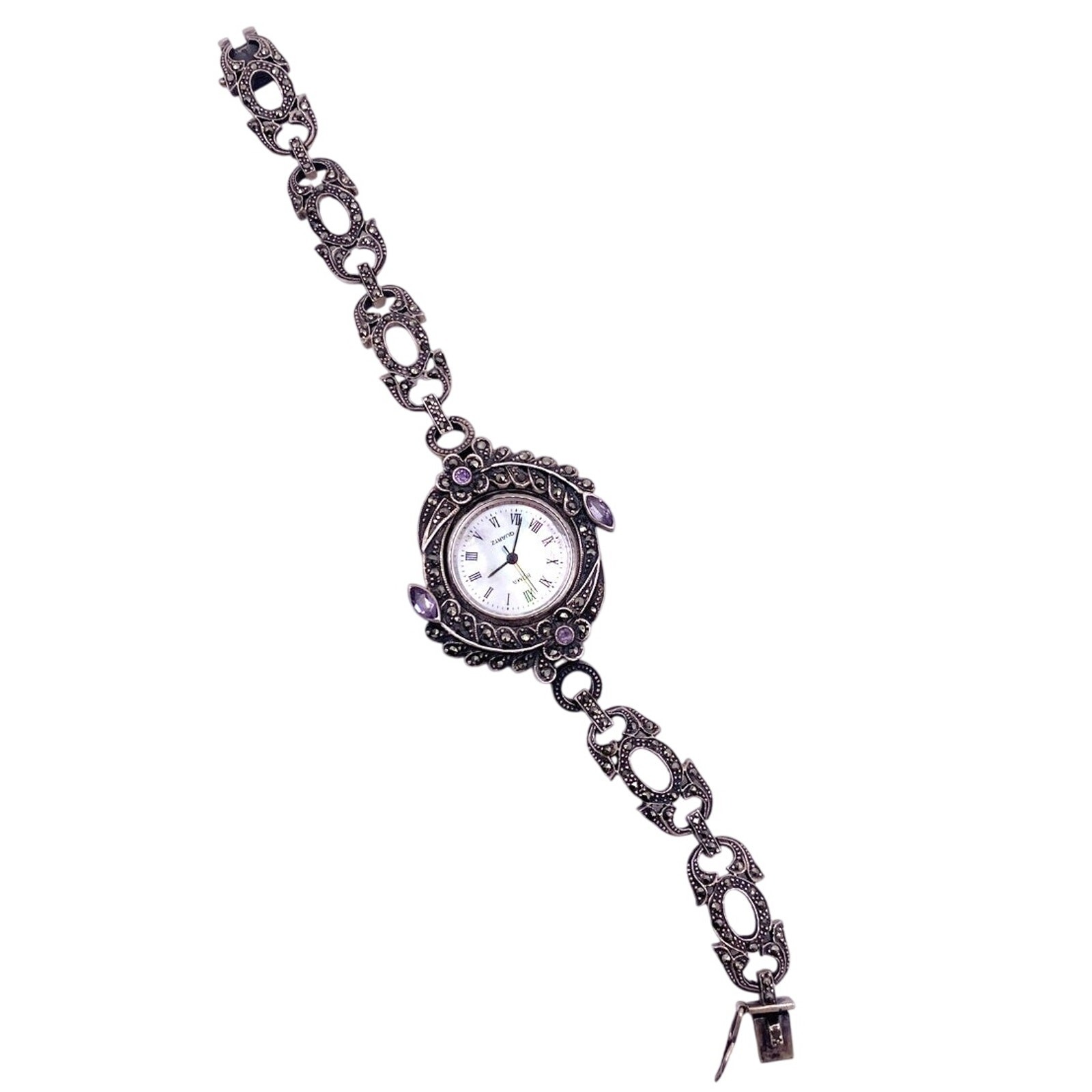 Boma Vintage Sterling Silver With Marcasite And Amethyst Watch 7”