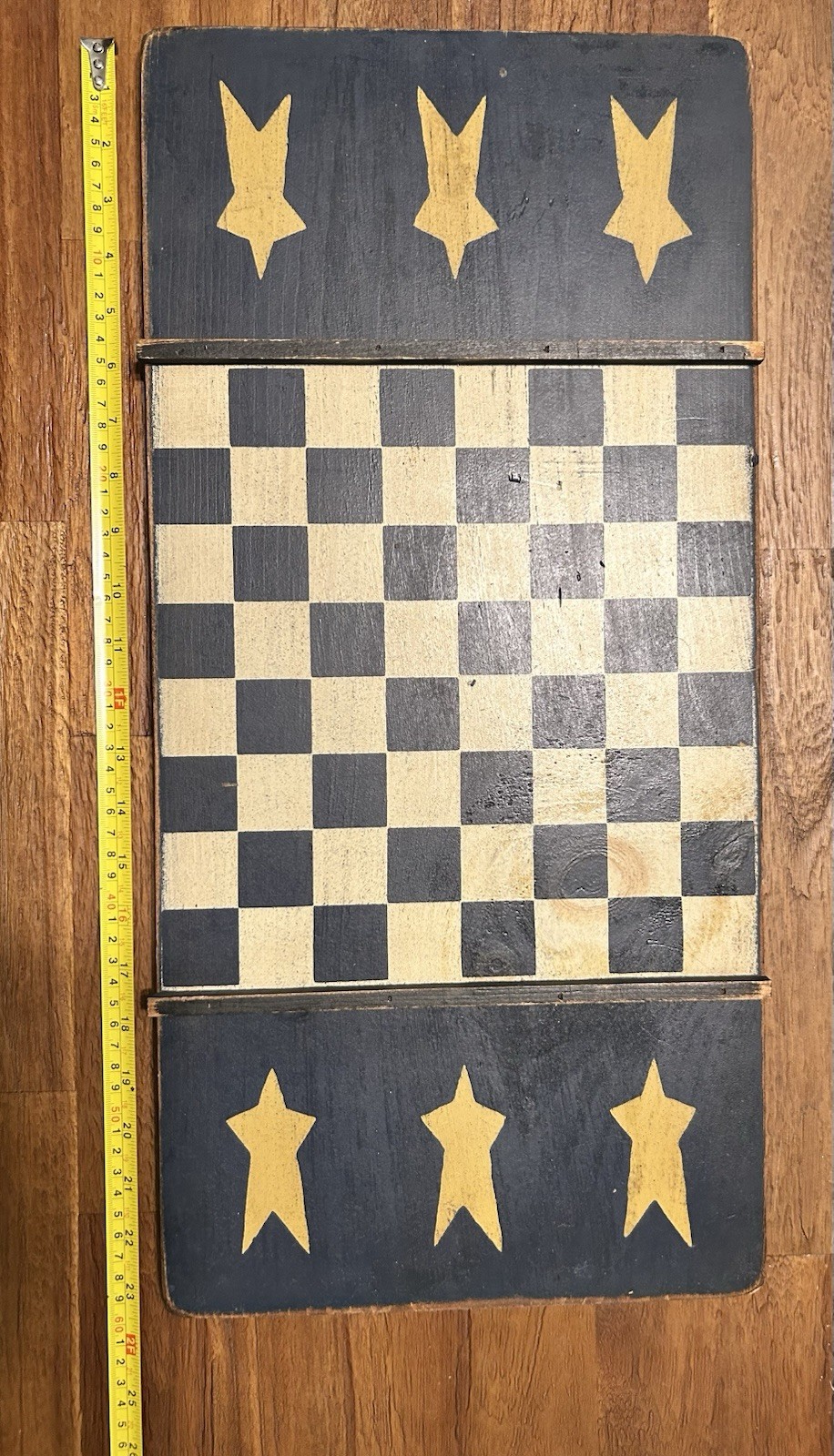 AMERICAN Primitive FOLK ART Painted CHECKERS CHESS Game Board. Vintage 23" x 11"