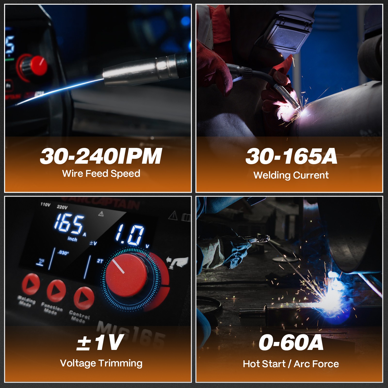 ARCCAPTAIN 165A MIG Welder Large LED Display 4 in 1 Gasless/Gas MIG/Lift TIG