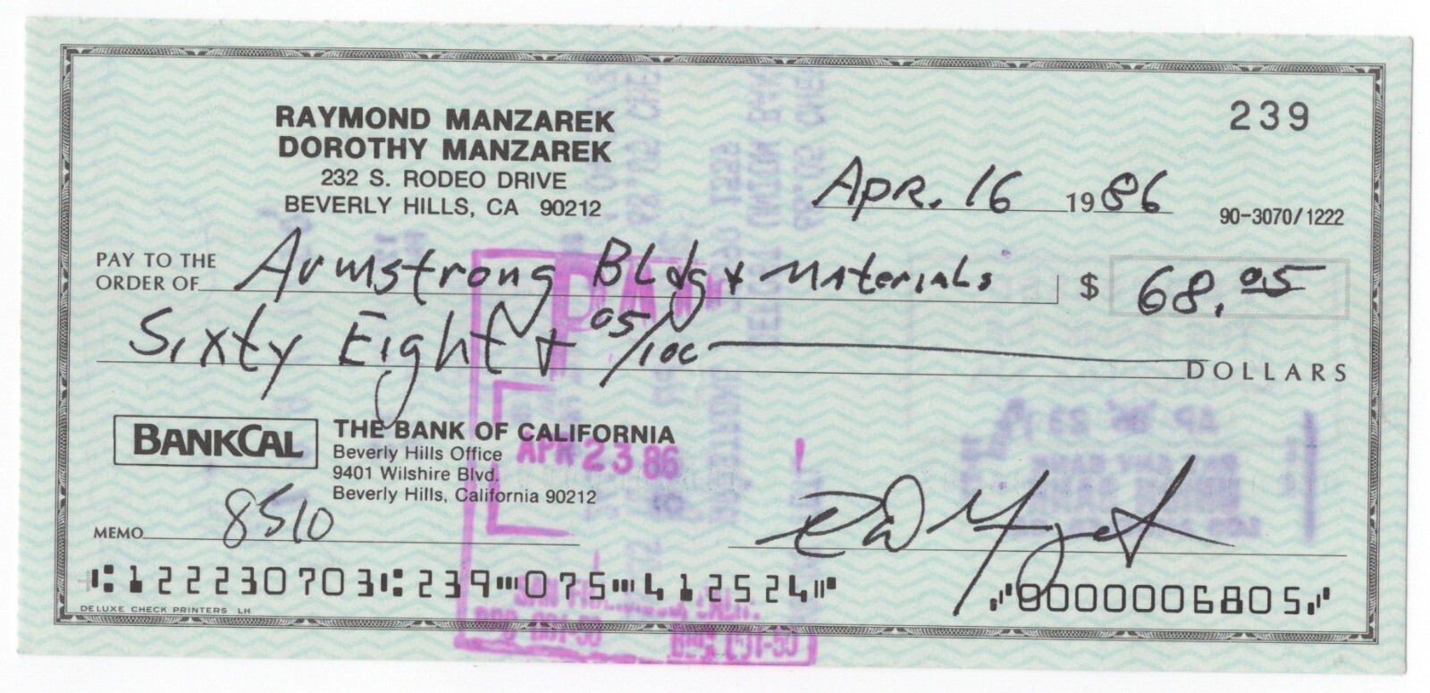 Ray Manzarek 1986 Signed Autograph Personal Check The Doors Keyboardist